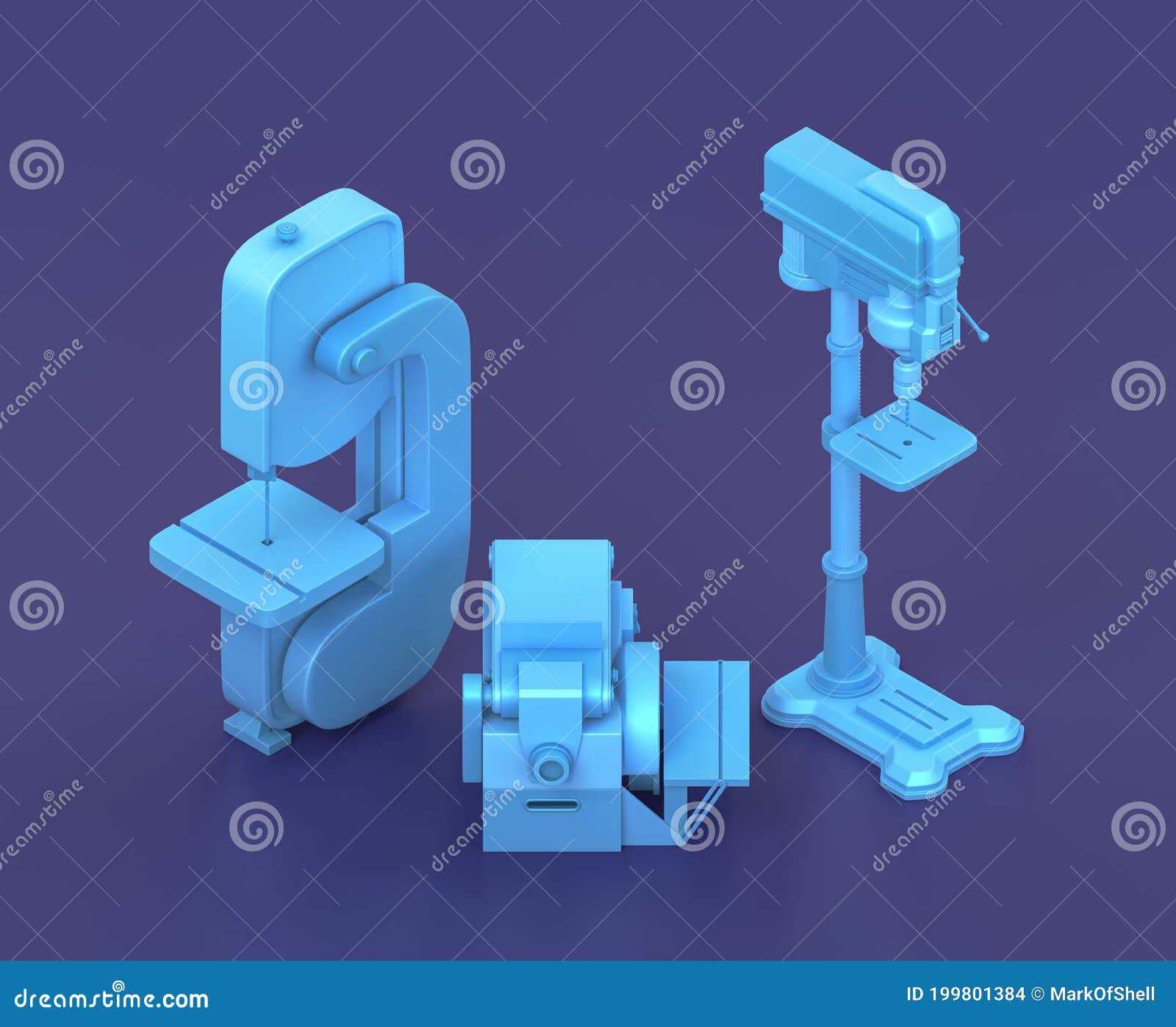 Isometric Drill Press, Belt Sander and Bandsaw on Blue Background