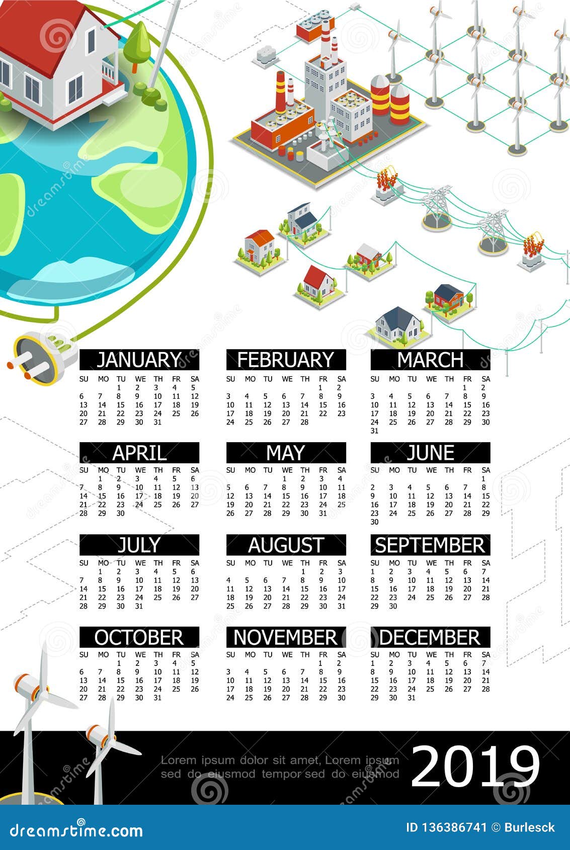 Isometric Electricity 2019 Year Calendar Template Stock Vector Illustration Of Electricity Isometric 136386741