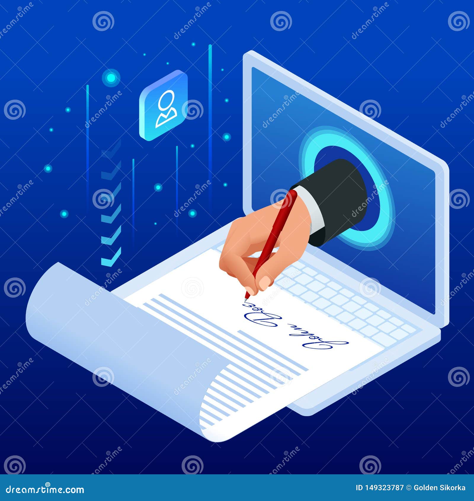 isometric electronic signature concept. electronic document, digital form attached to electronically transmitted