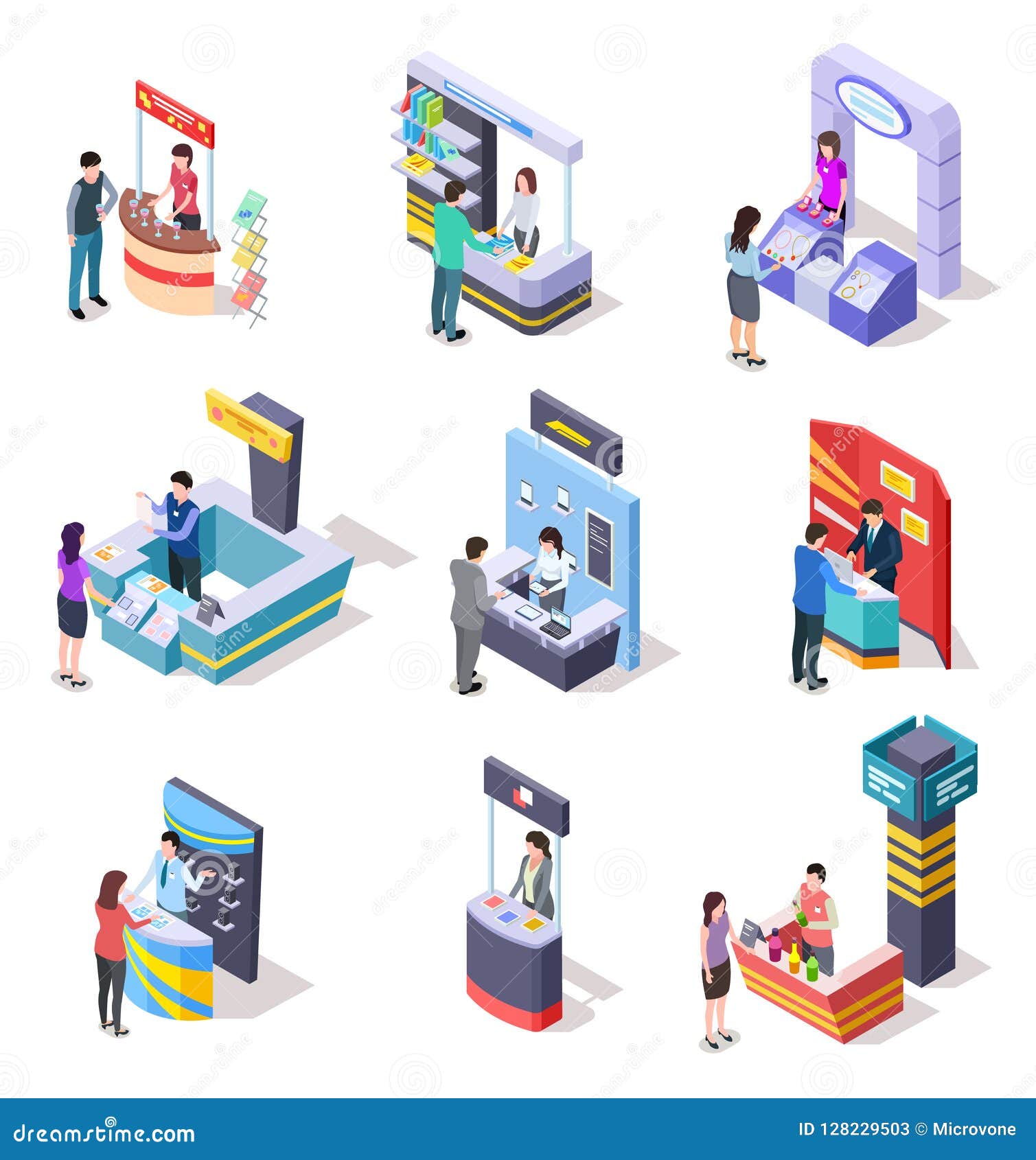 isometric expo stands. exhibition demonstration stand and trade stalls with people. 3d  set
