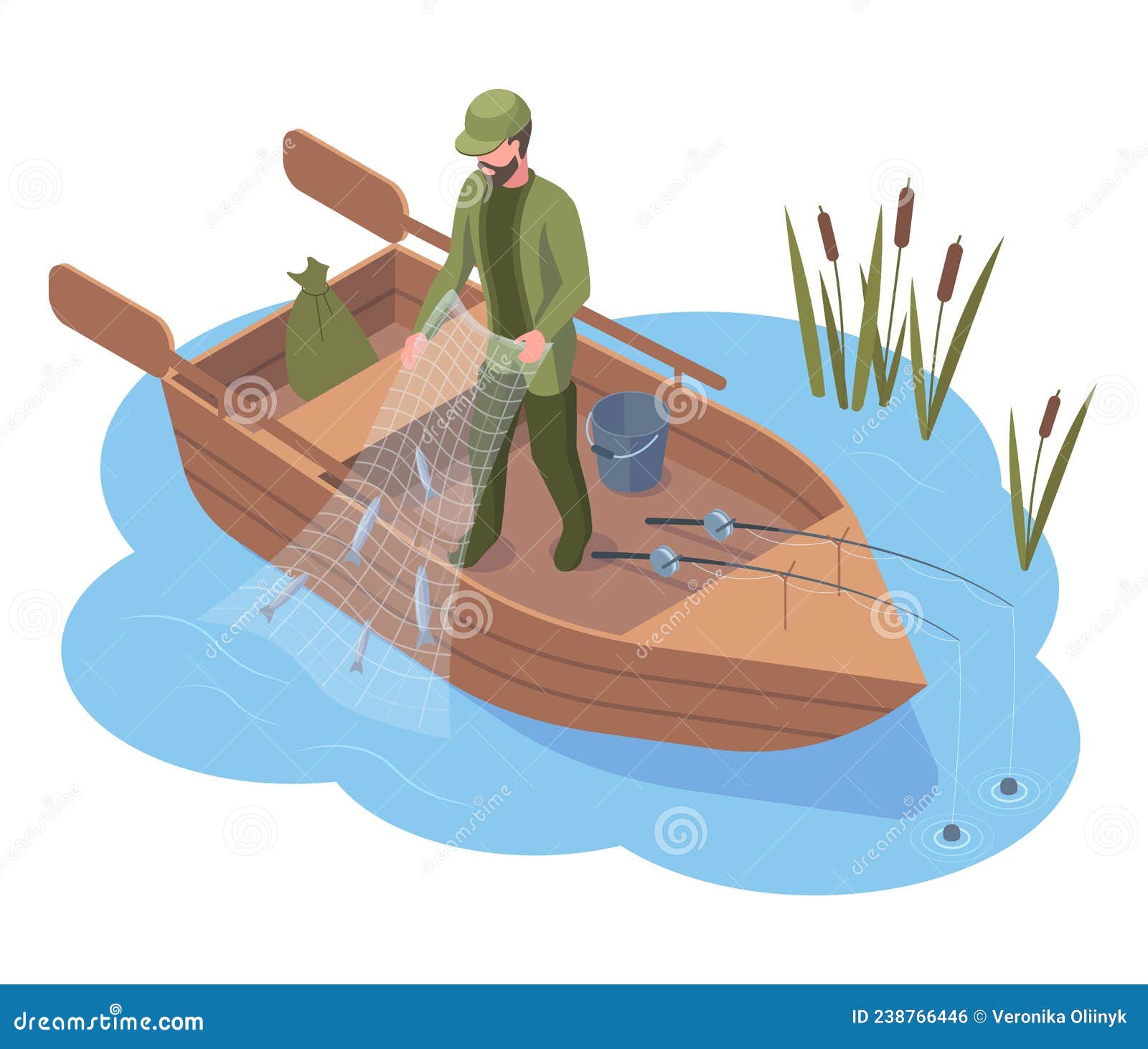 Isometric Fisherman Character Fishing in River Used Fishing