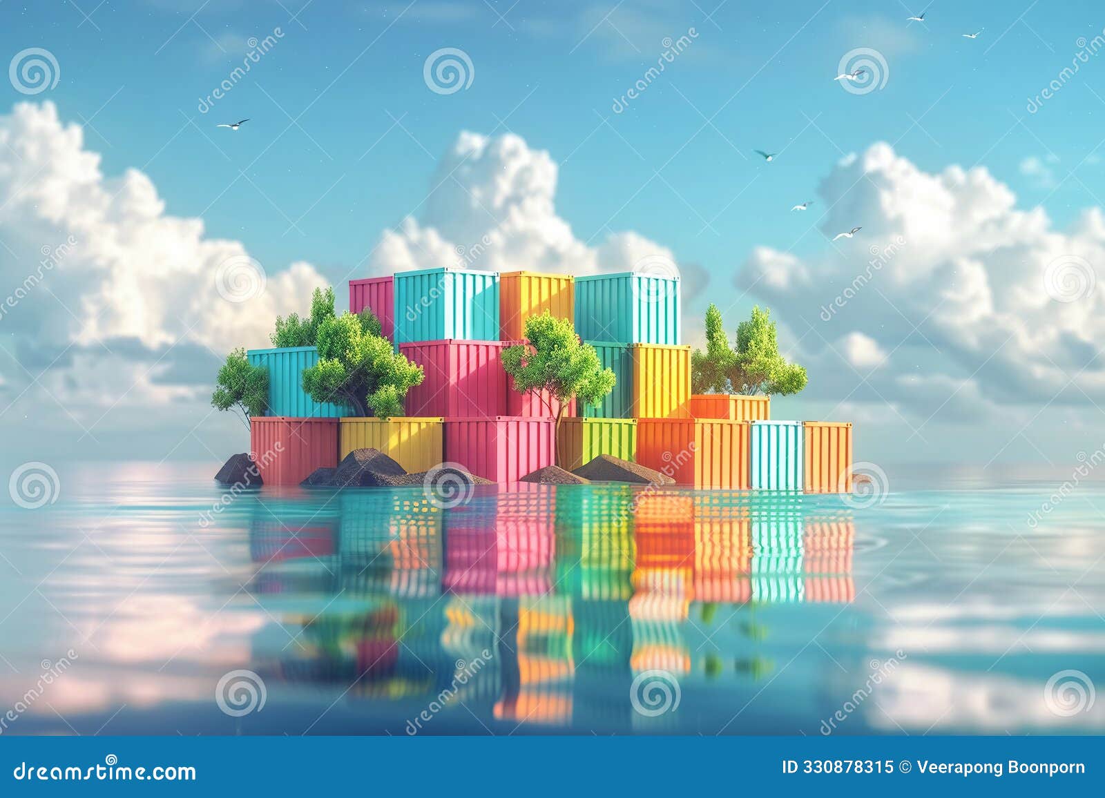 isometric flat container island floating at sea, pastel colors, serene scene, copy space