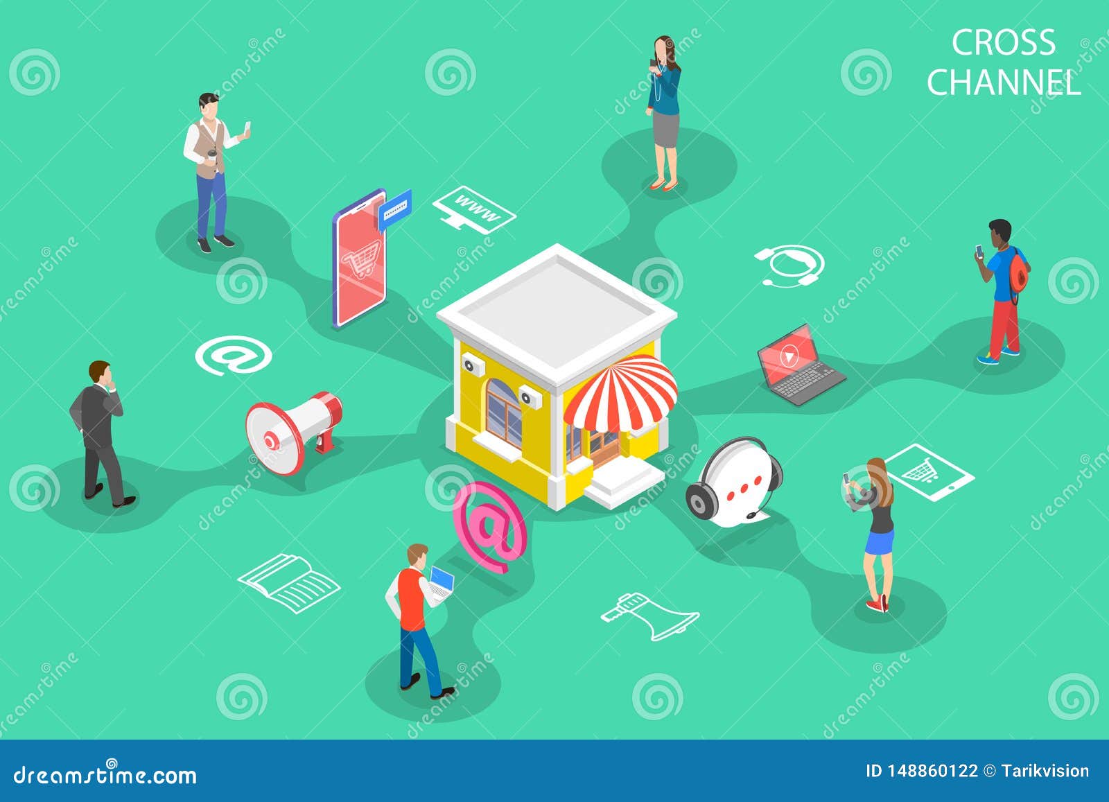 isometric flat  concept of cross channel, omnichannel.