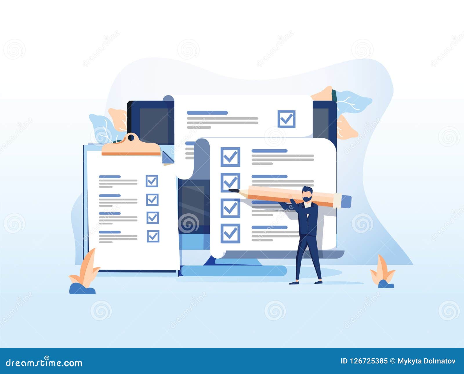 isometric flat  concept of online exam, questionnaire form, online education, survey, internet quiz.