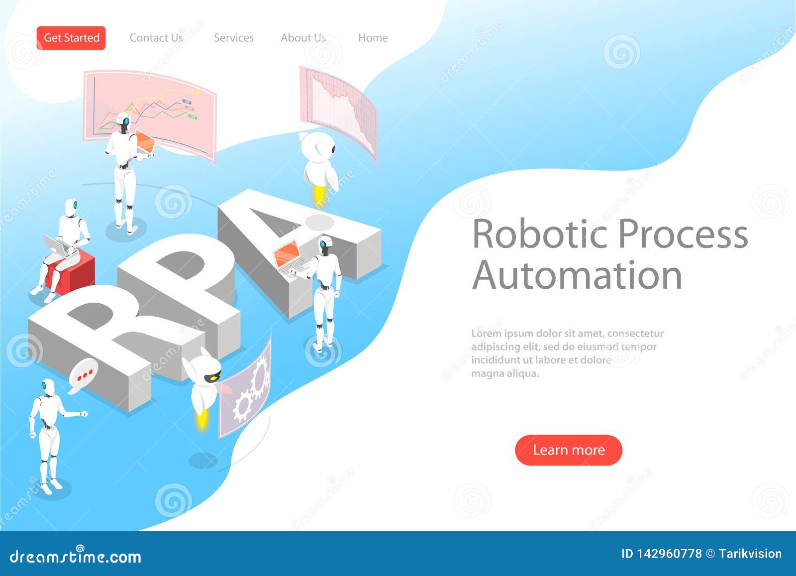 isometric flat  landing page template of robotic process automatisation.