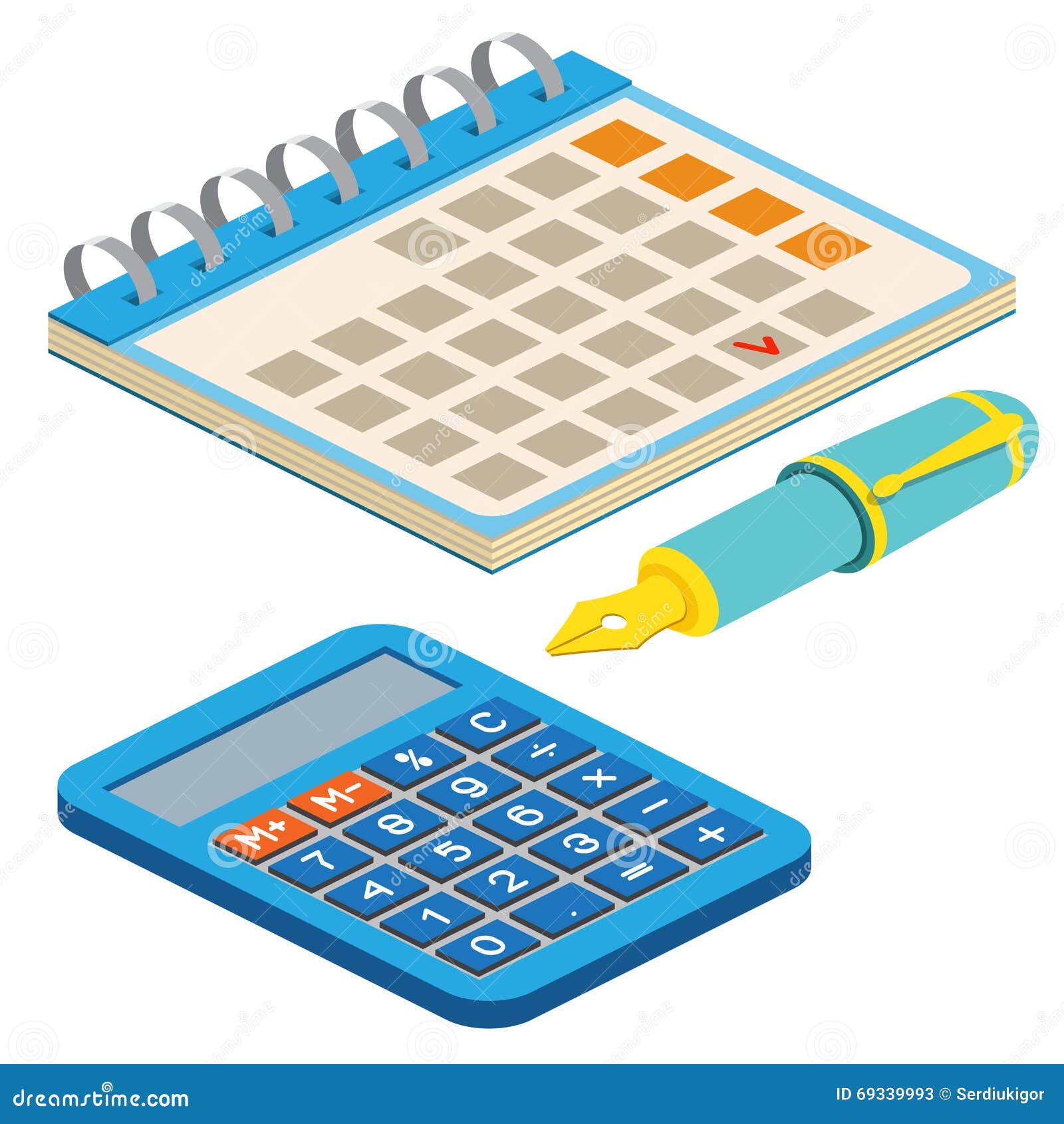 Isometric Fountain Pen, Calendar and Calculator on White Background
