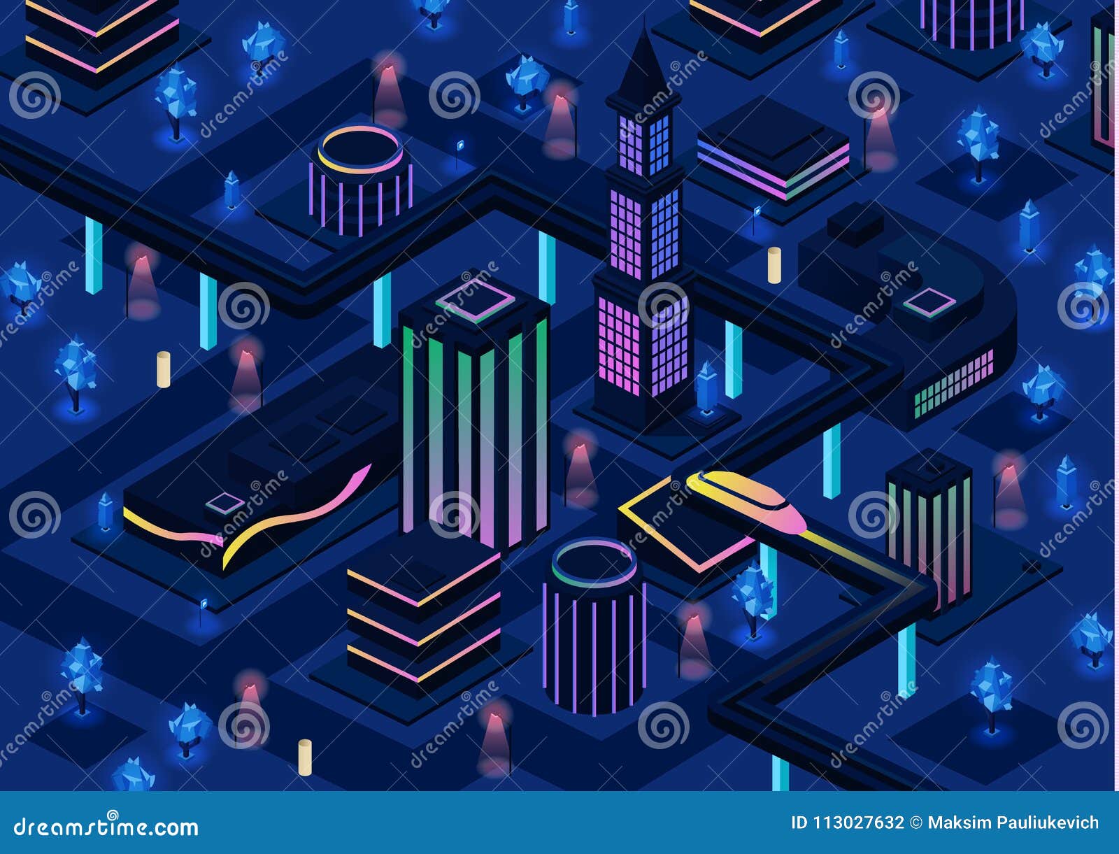 isometric futuristic city   of 3d future night smart city infrastructure with illumination technology