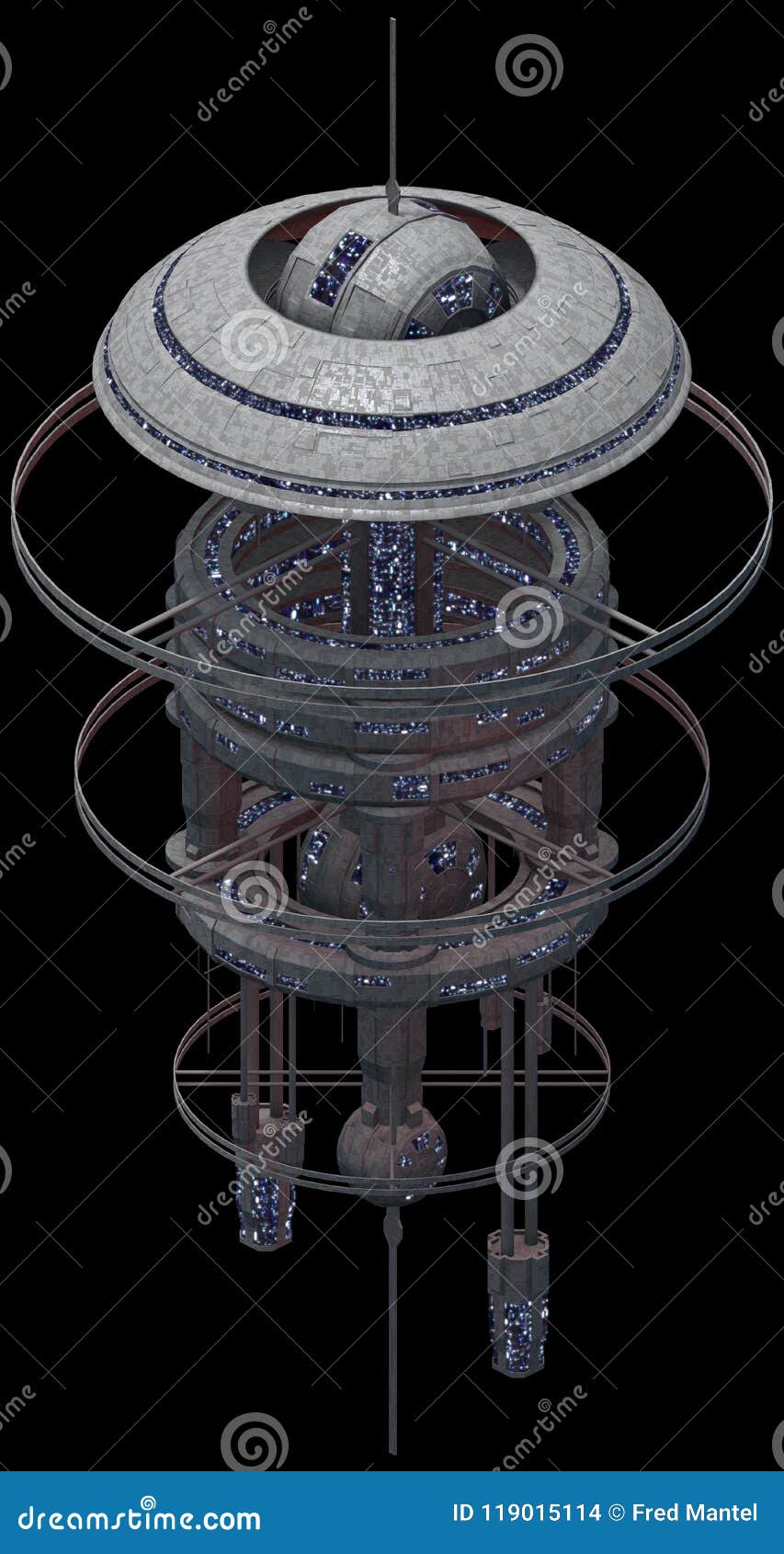 isometric futuristic sci-fi architecture, powerful spacestation. 3d rendering