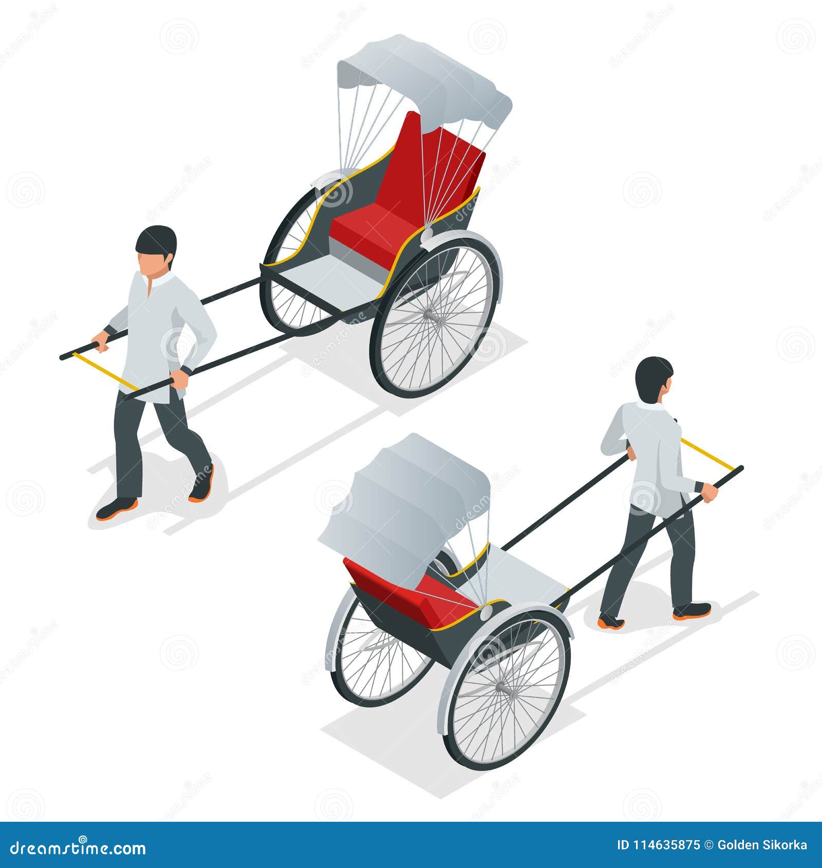 isometric hand pulled rickshaw, rickshaw china or indian . front and rear view.