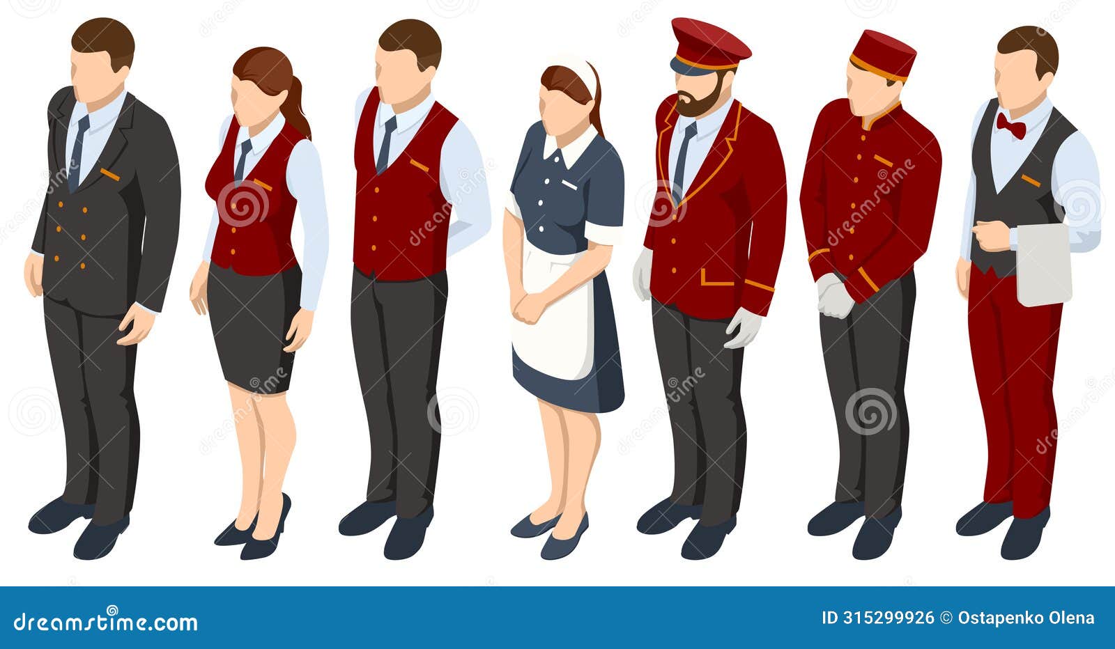 isometric hotel services receptionist baker and waiter, cleaners and porter, hospitality workers, hotel restaurant team