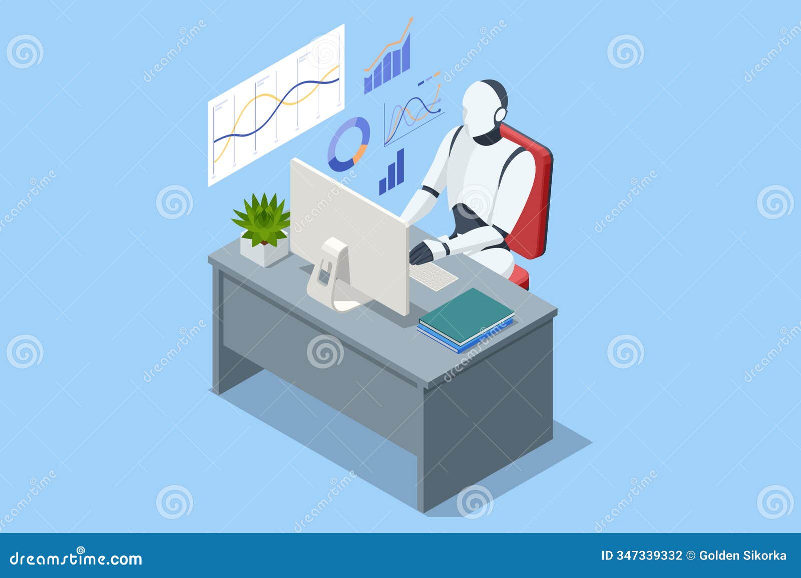 isometric humanoid robot works in office, typing on a computer. as part of the future it team, futuristic employee