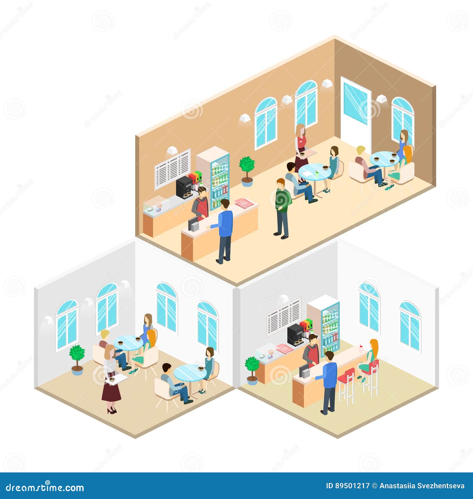 Isometric Interior Of Coffee Shop Flat 3d Isometric Design