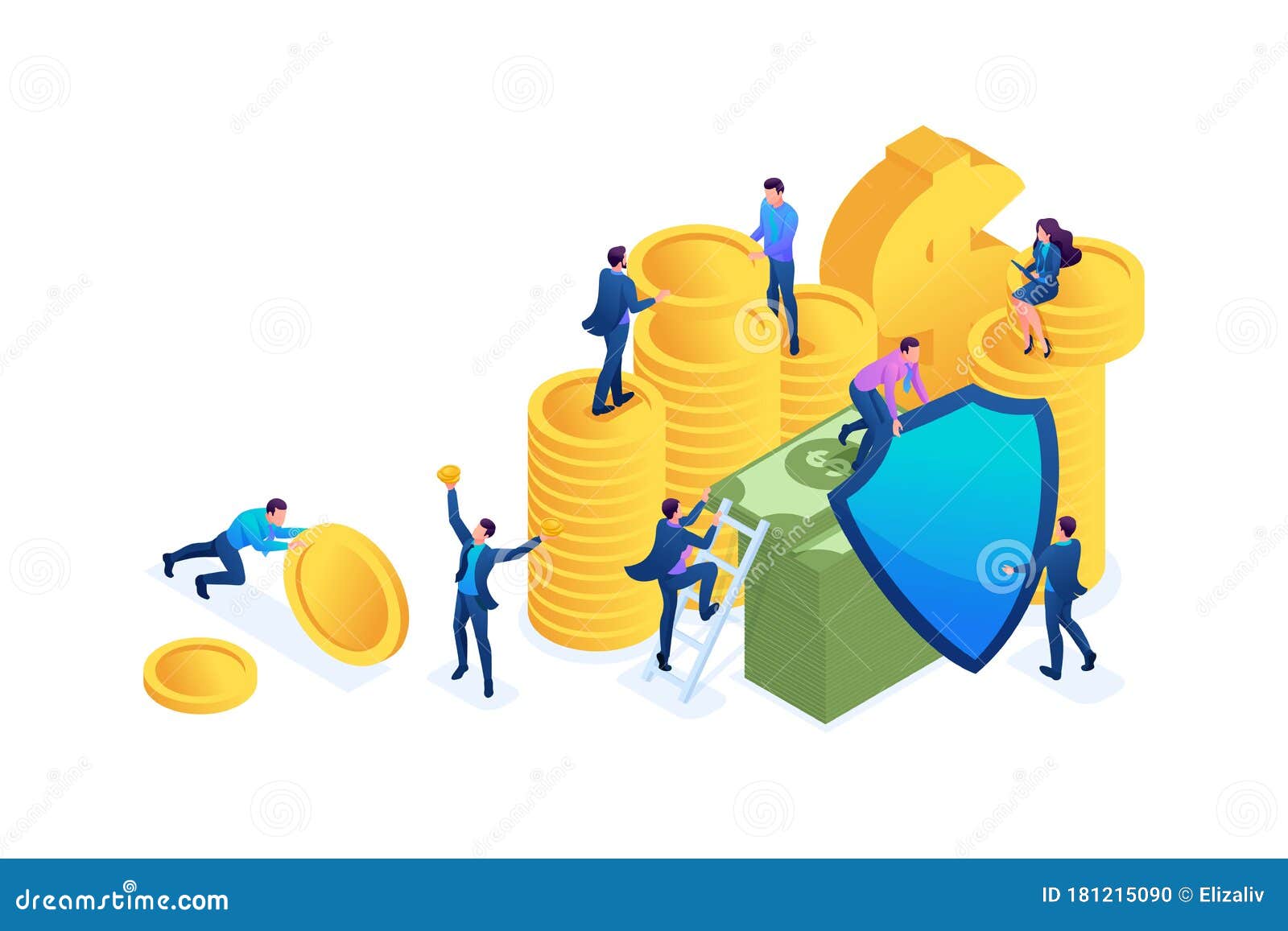 isometric investment risk insurance, businessmen insure money and assets. concept for web 