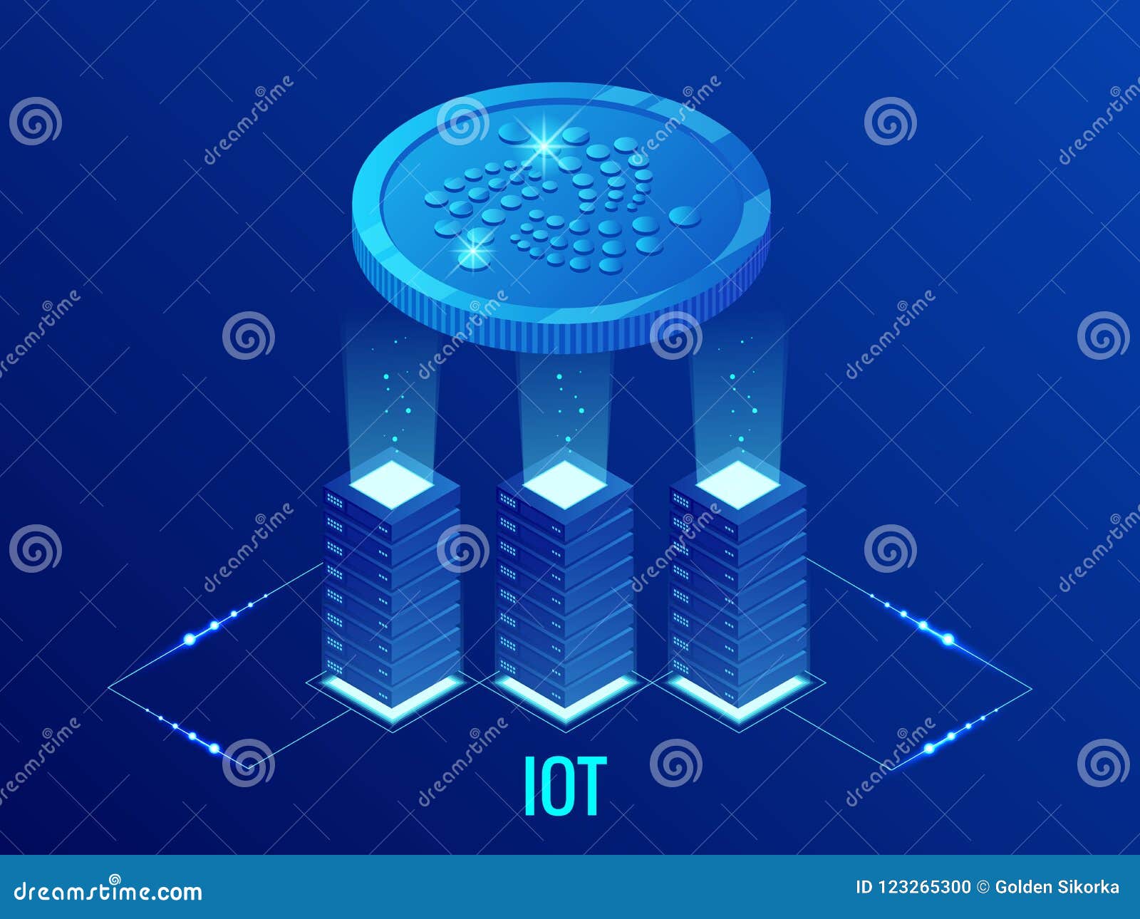 isometric iota cryptocurrency mining farm. blockchain technology, cryptocurrency and a digital payment network for