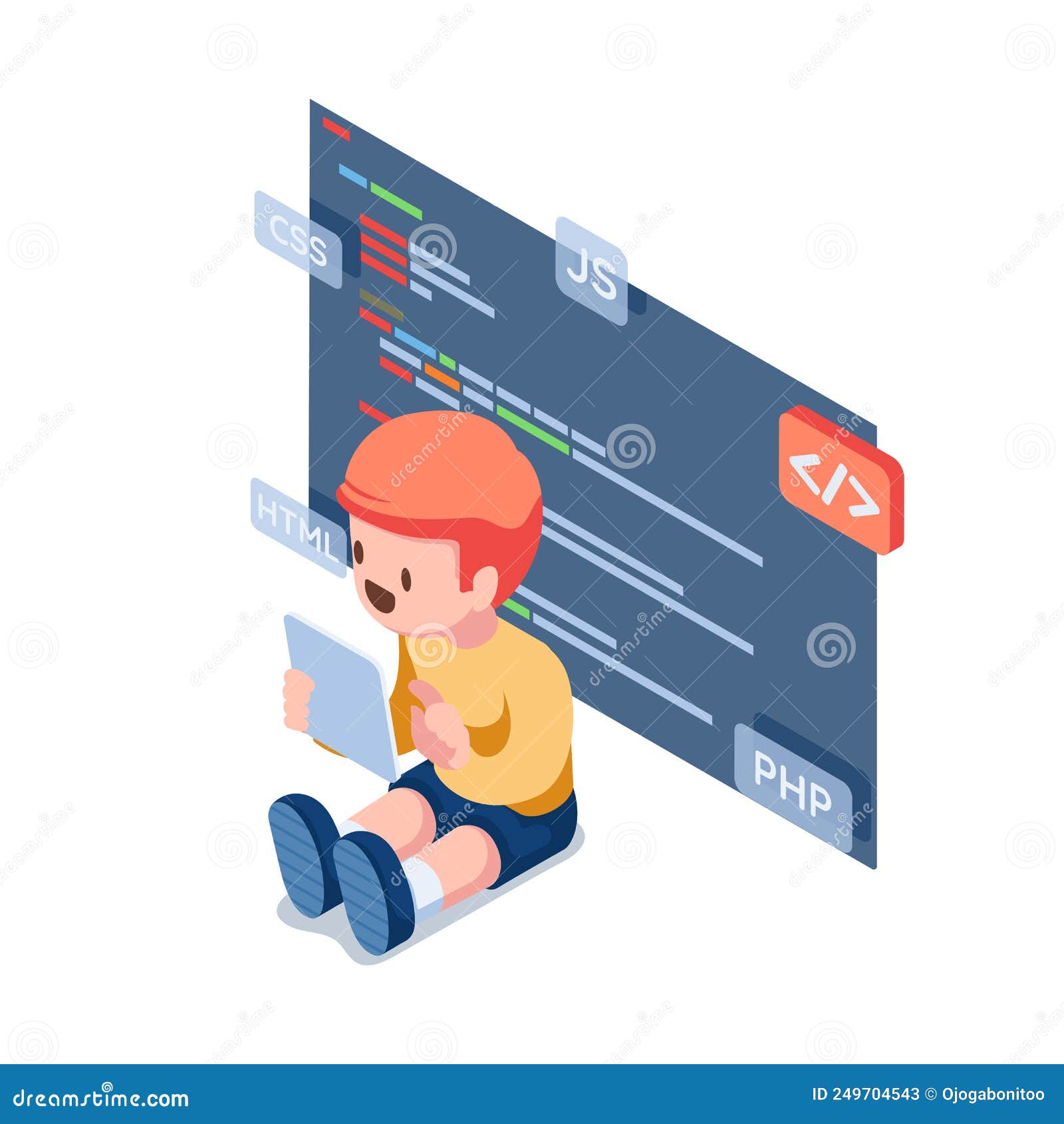 Isometric kids coding and programing on digital tablet stock vector
