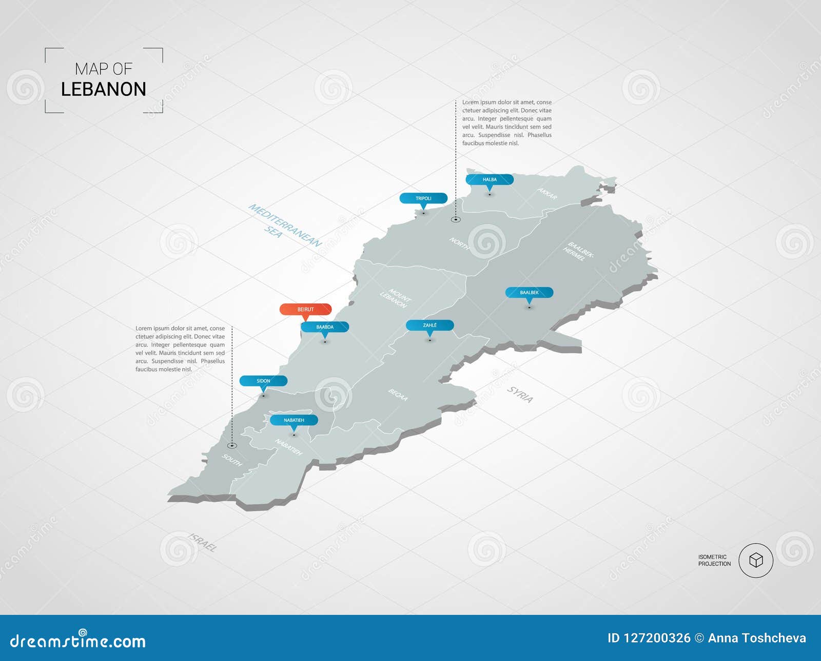 isometric lebanon map with city names and administrative divisions.