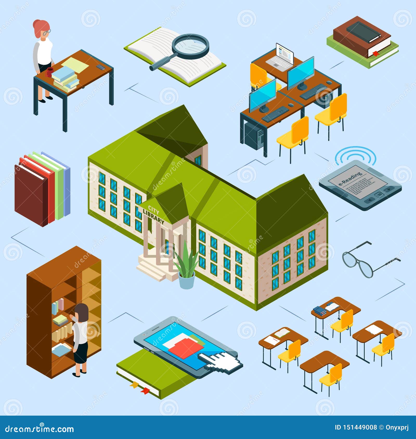 Download Isometric Library Vector Concept. 3D Public Library Building, Computer Area, E-reading Books ...