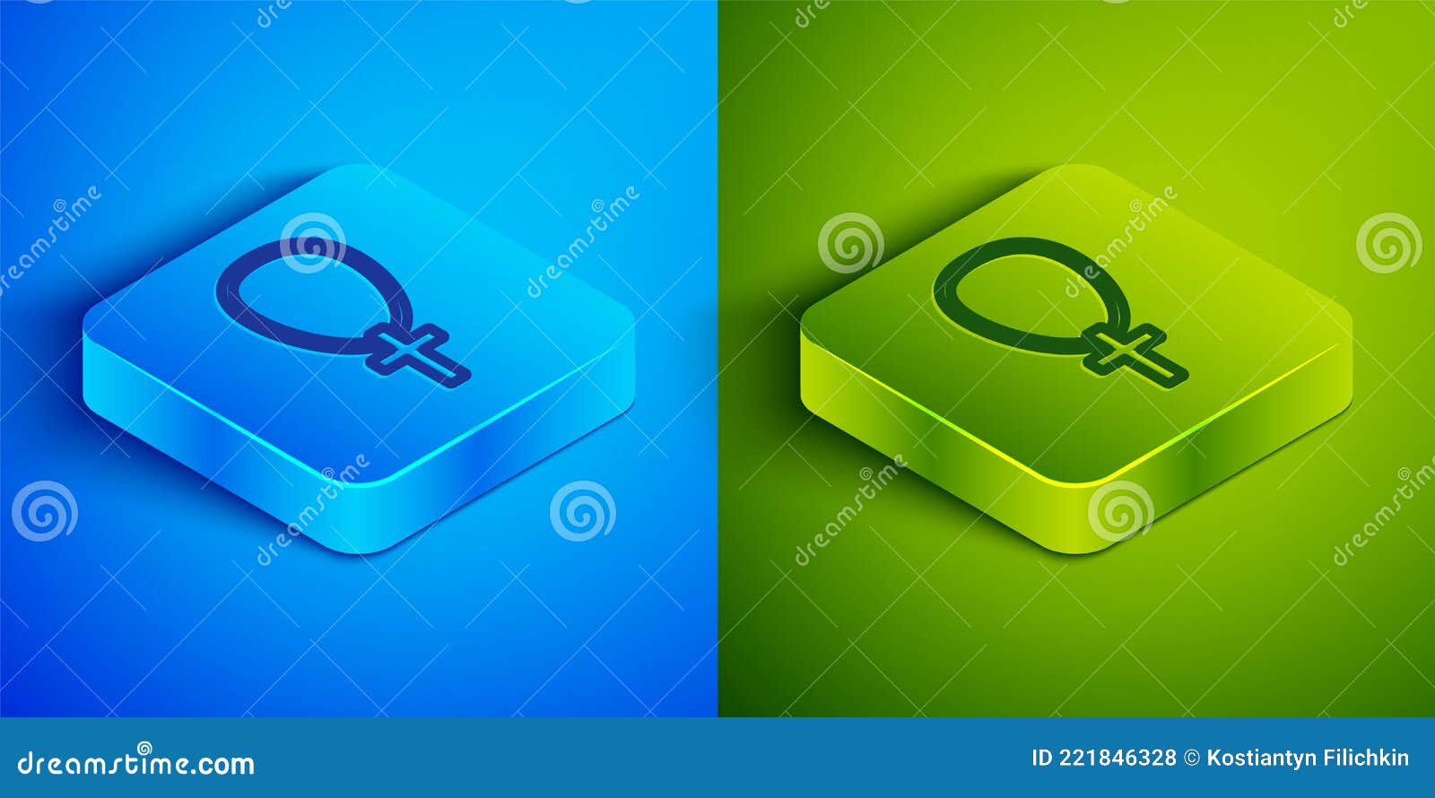 isometric line christian cross on chain icon  on blue and green background. church cross. square button. 
