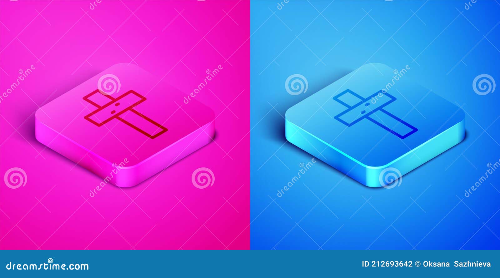 isometric line christian cross icon  on pink and blue background. church cross. square button. 