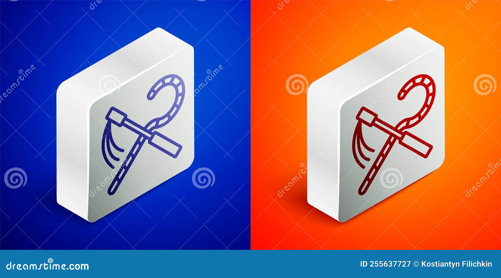 isometric line crook and flail icon  on blue and orange background. ancient egypt . scepters of egypt