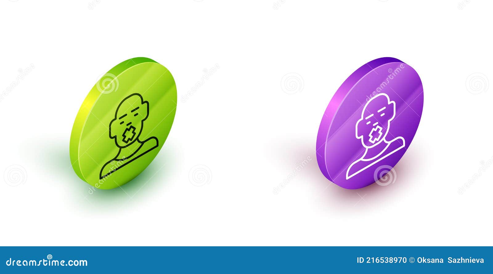 isometric line head of deaf and dumb guy icon  on white background. dumbness sign. disability concept. green and