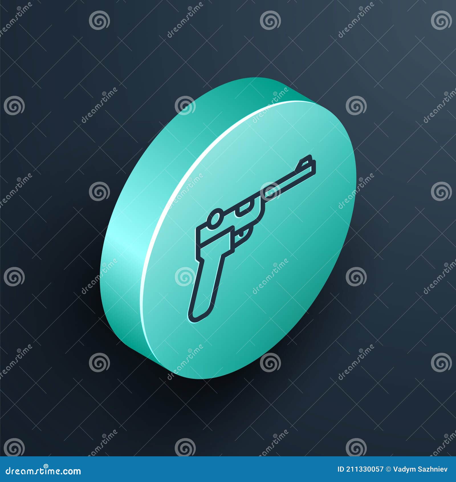 isometric line mauser gun icon  on black background. mauser c96 is a semi-automatic pistol. turquoise circle