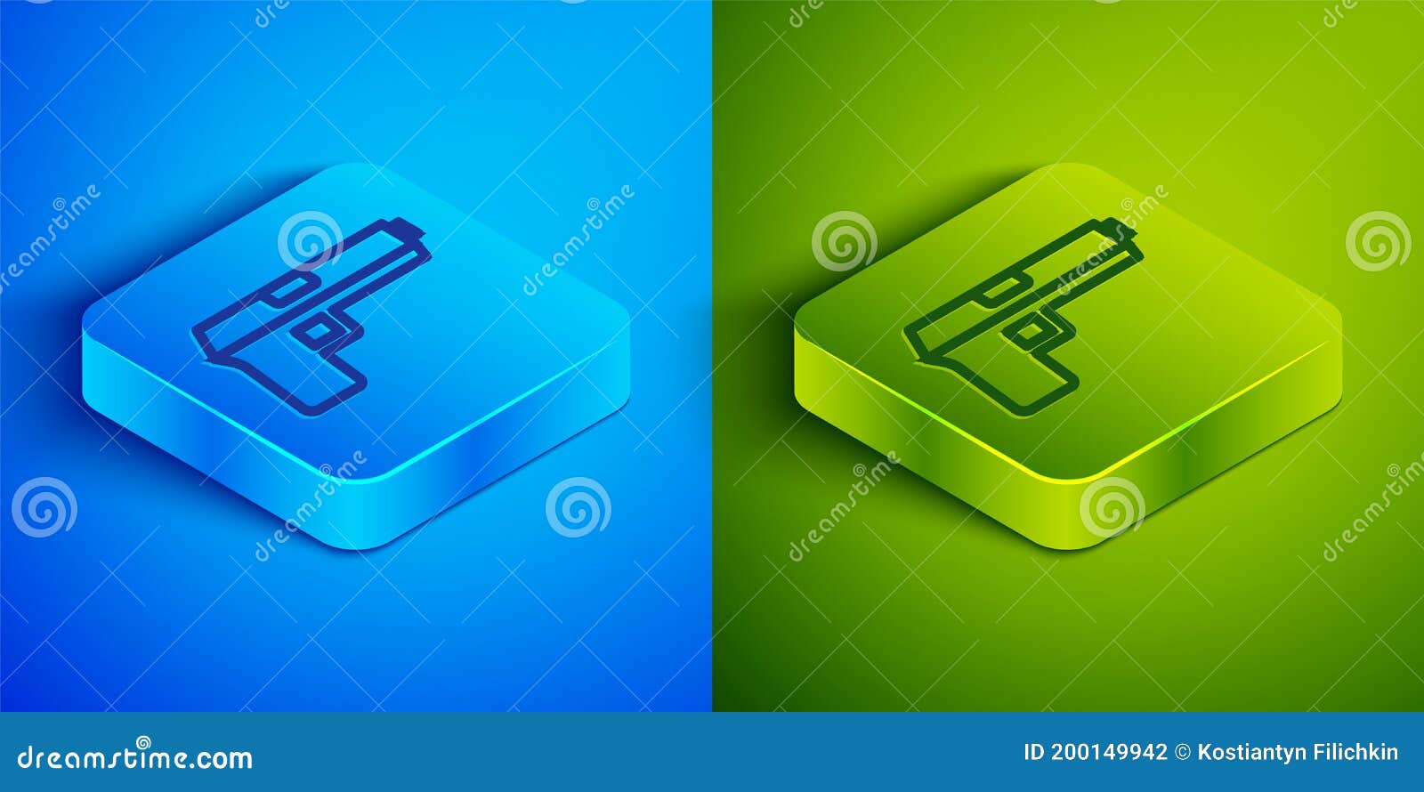 isometric line pistol or gun icon  on blue and green background. police or military handgun. small firearm