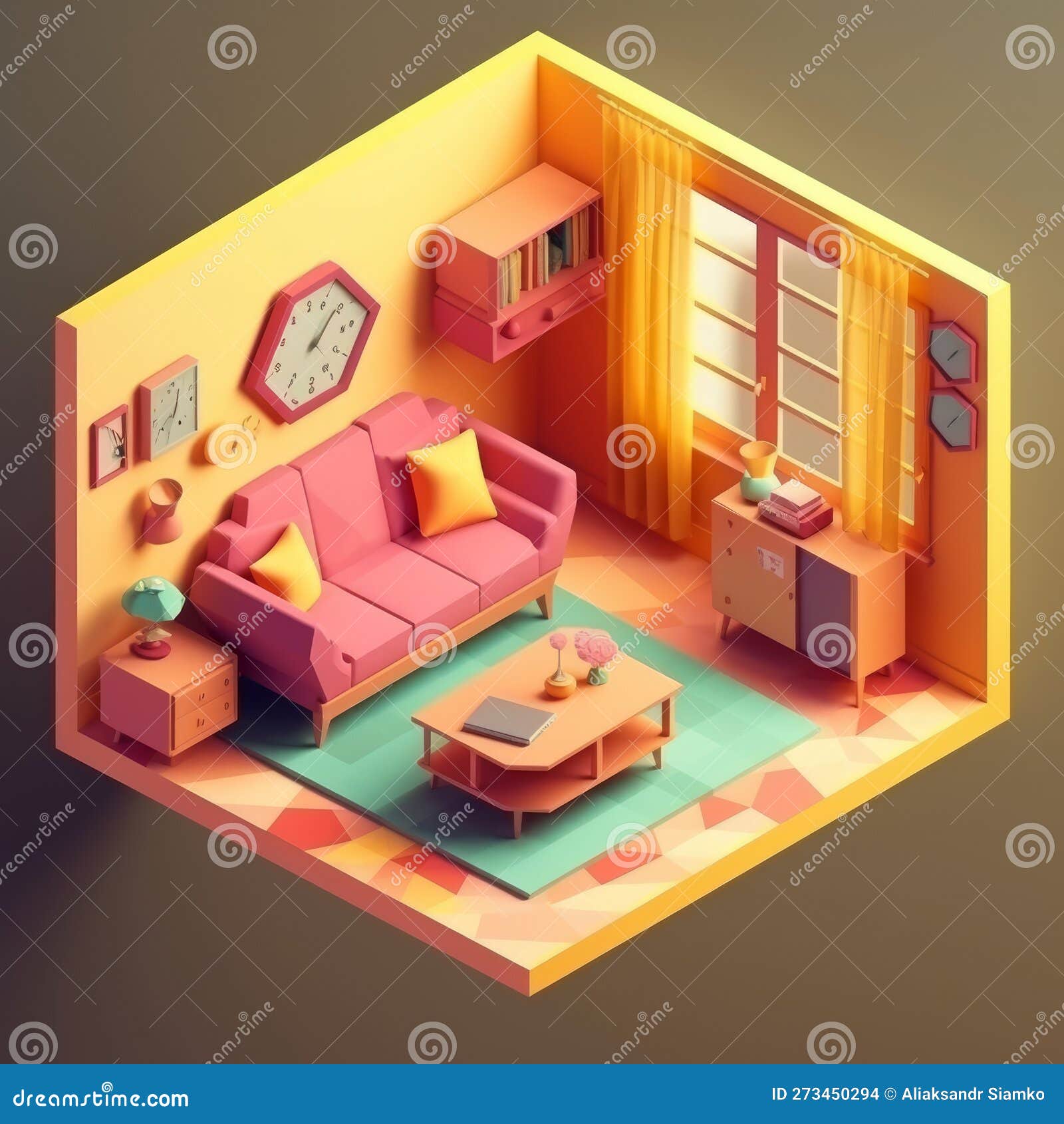 Isometric Lowpoly Living Room Design in 3D Illustration, Featuring a
