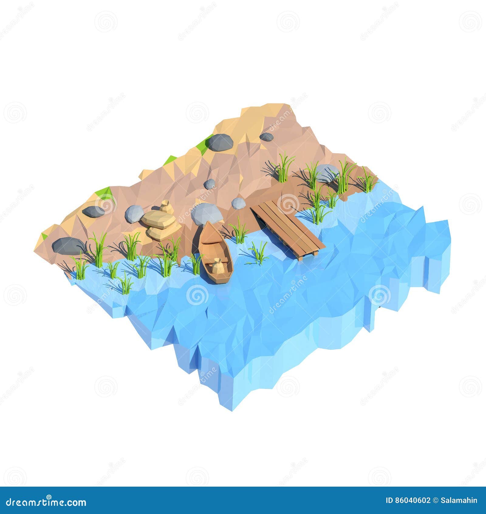 Isometric Low Poly Shore, 3D Rendering Stock Illustration