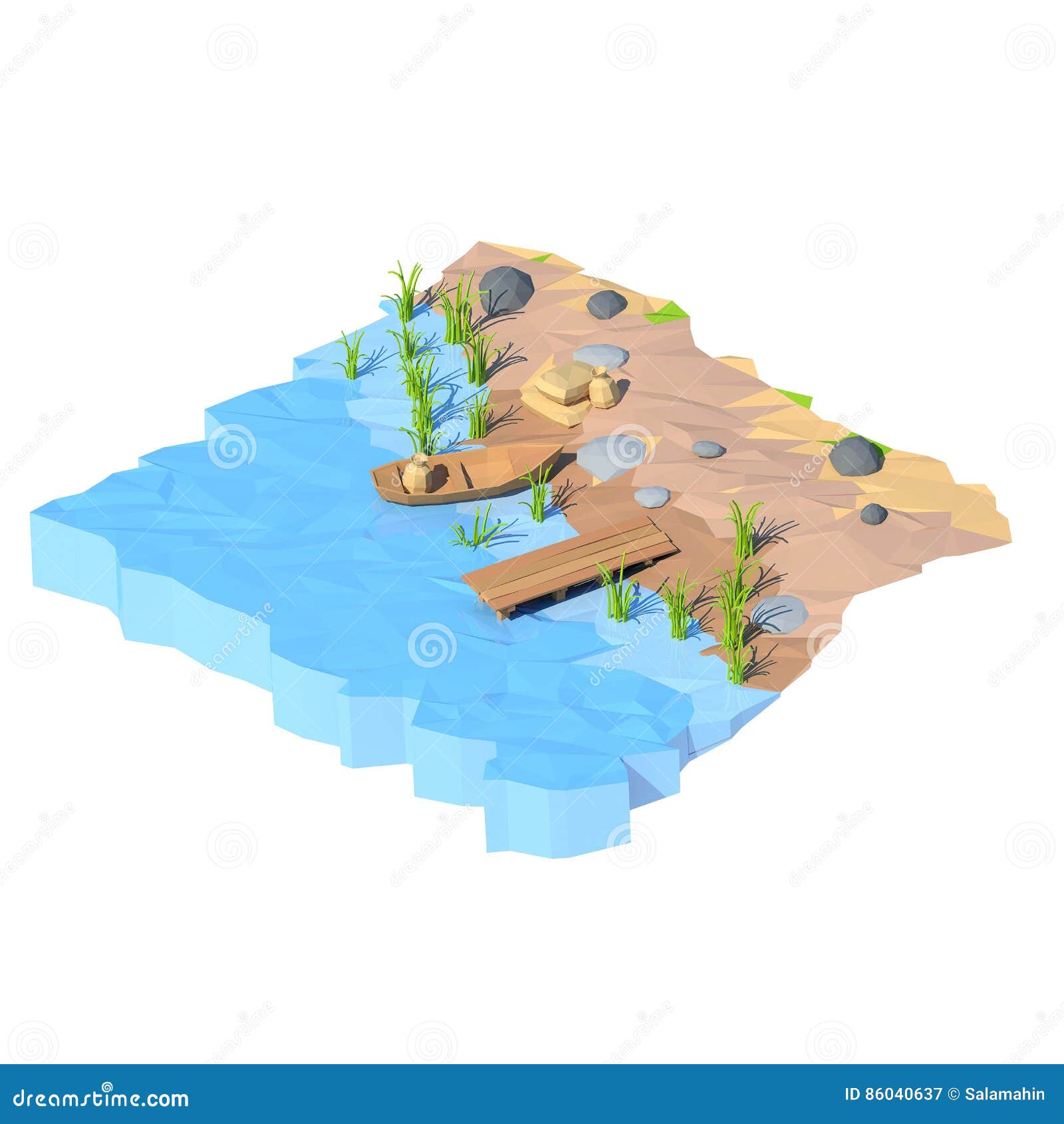 Isometric Low Poly Shore, 3D Rendering Stock Illustration