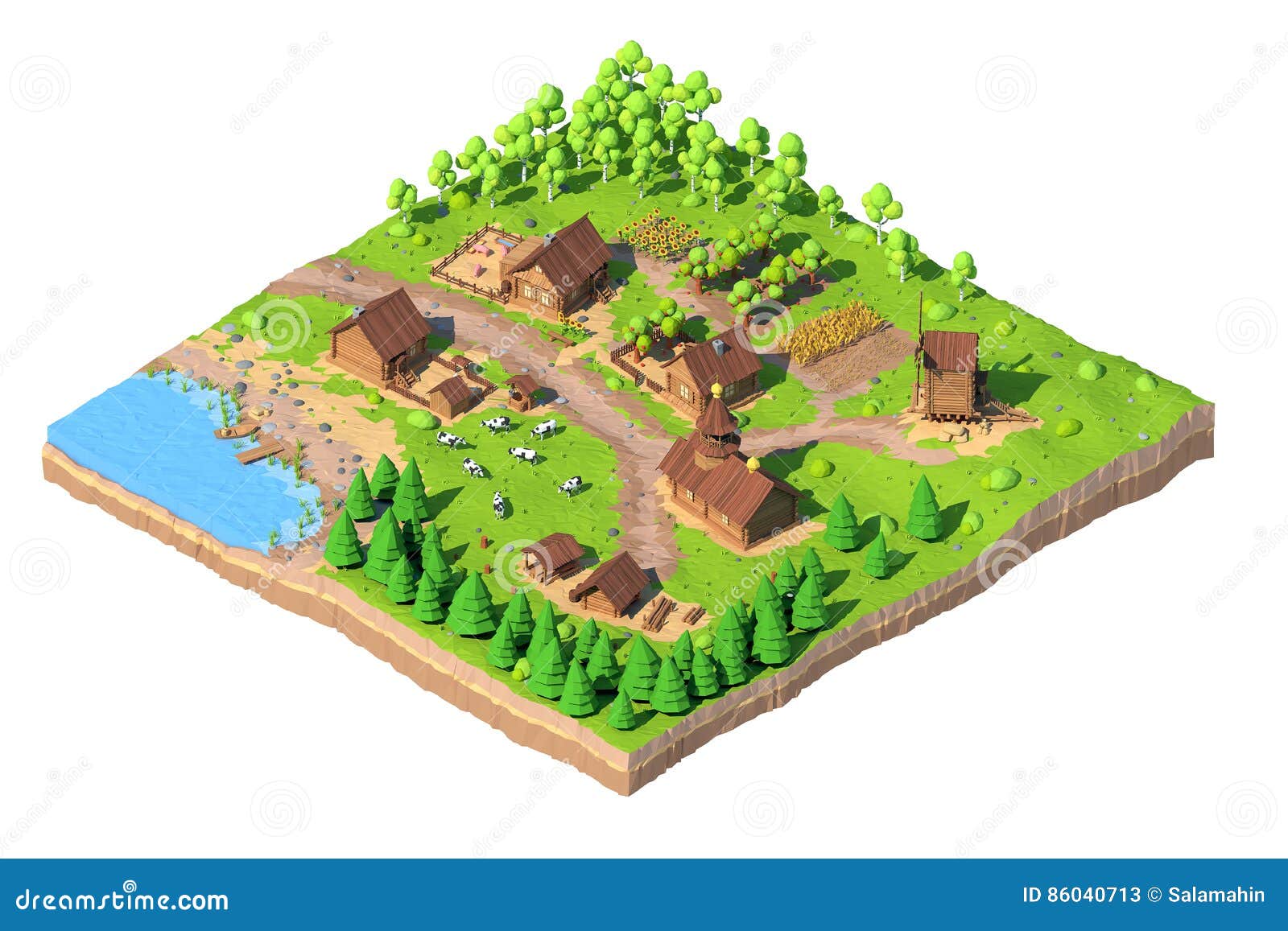 Isometric Low Poly Village, 3D Rendering, Cartoon Stock Illustration -  Illustration of boat, chicken: 86040713