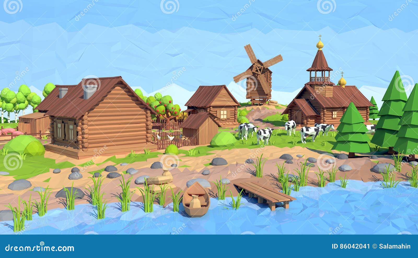 Isometric Low Poly Village, 3D Rendering Stock Illustration - Illustration  of green, pine: 86042041