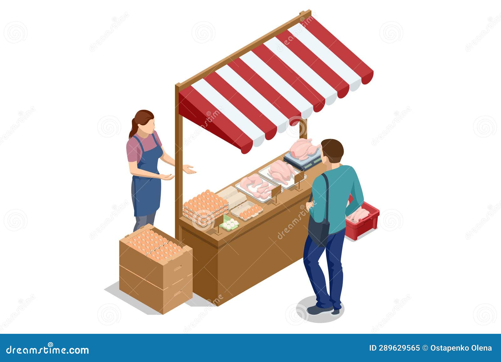 isometric man choosing packed chicken meat. chicken egg packaging. raw chicken thigh meat.
