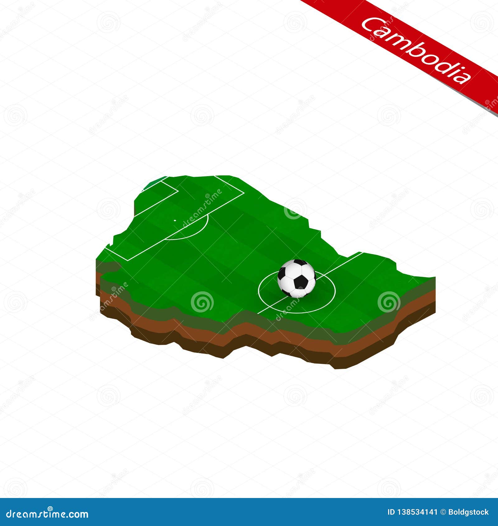 Isometric Map of Cambodia with Soccer Field. Football Ball in Center of ...