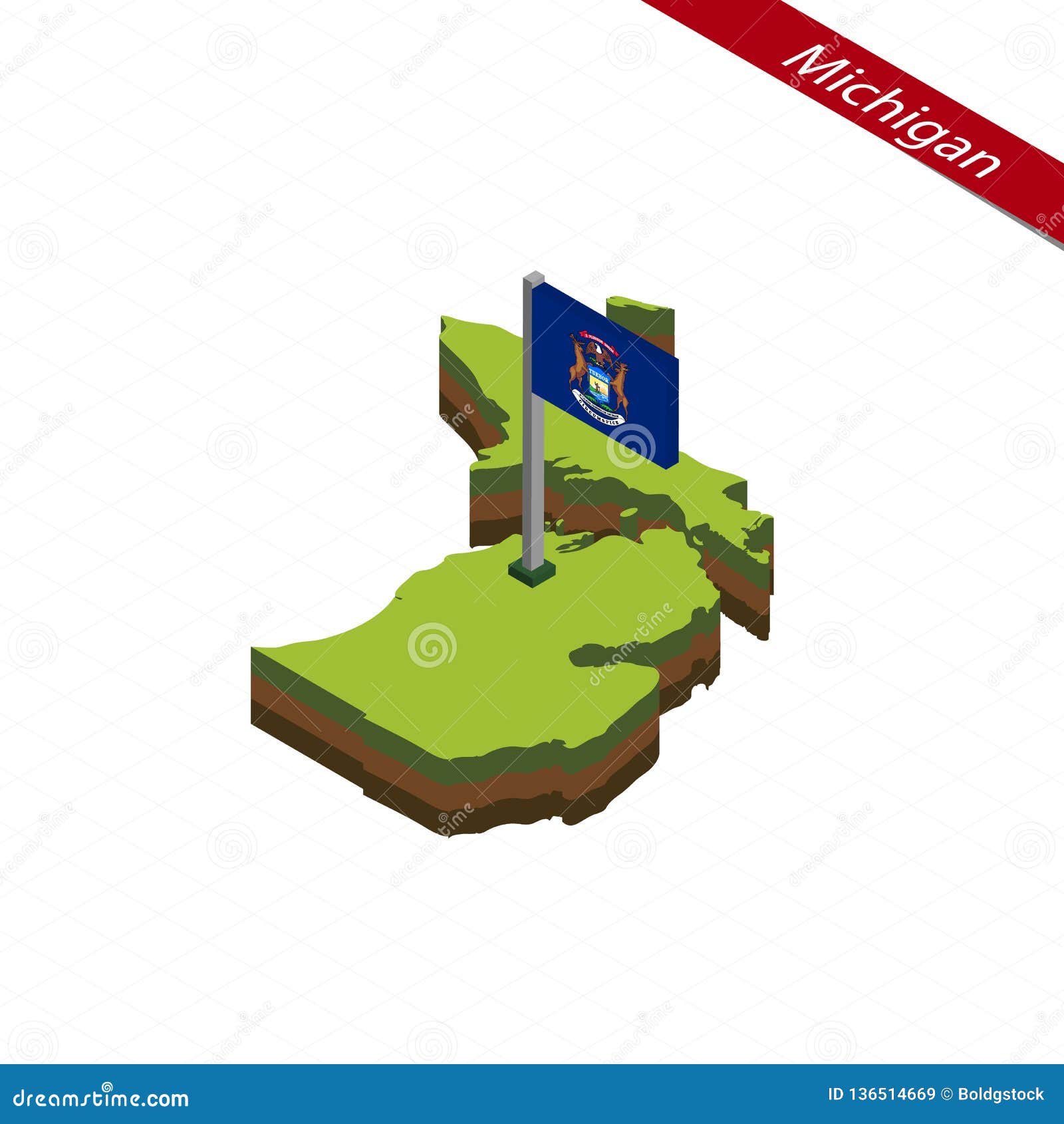 michigan isometric map and flag.  
