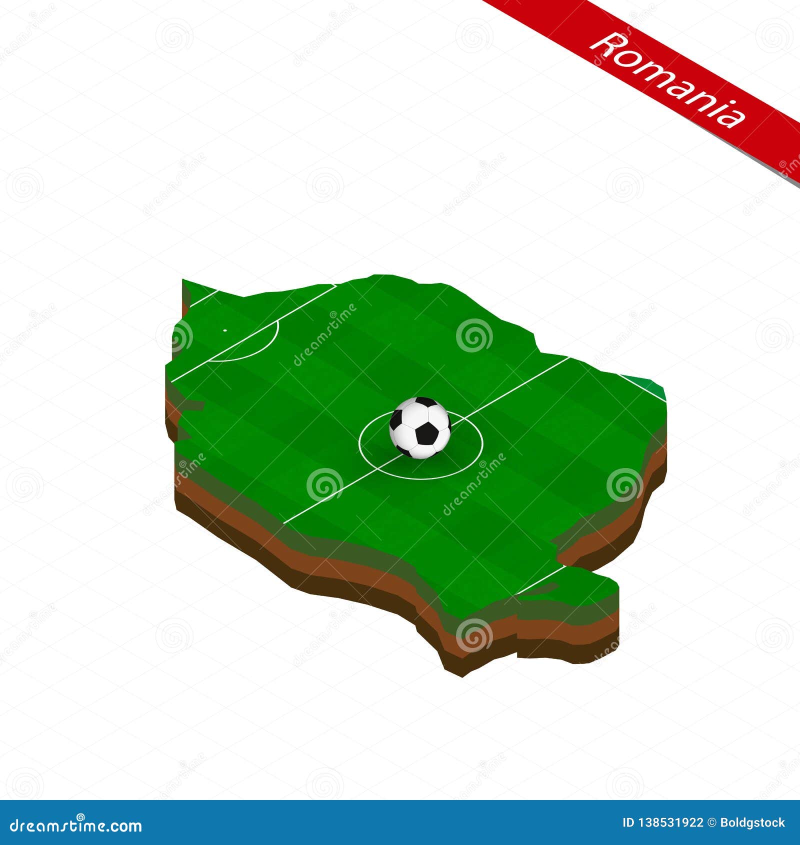 Isometric Map of Romania with Soccer Field. Football Ball in Center of ...