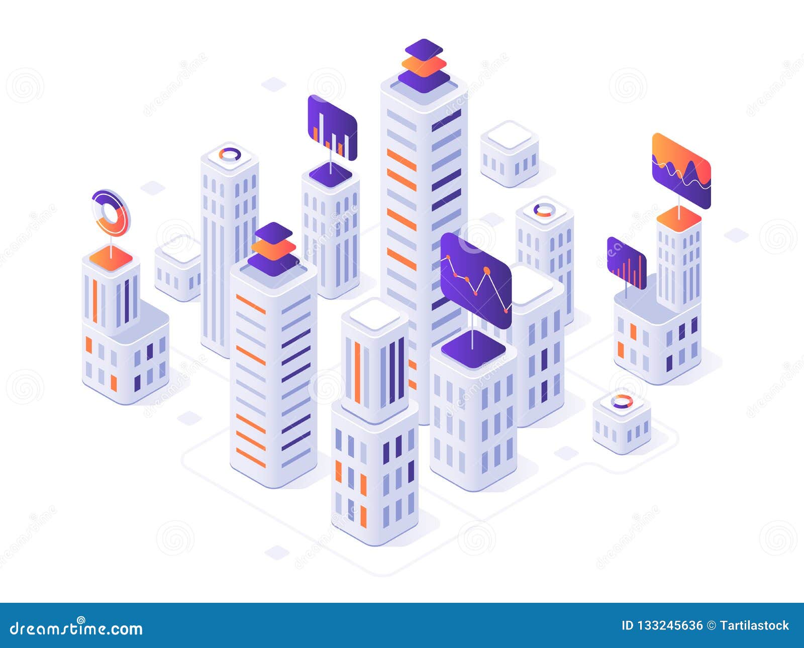 isometric megalopolis infographic. city buildings, futuristic urban and town business office district metrics 3d 