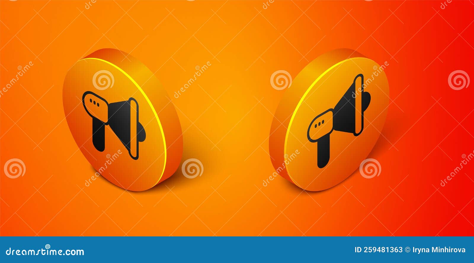 Isometric Megaphone Icon Isolated on Orange Background. Speaker Sign. Orange Circle Button Stock