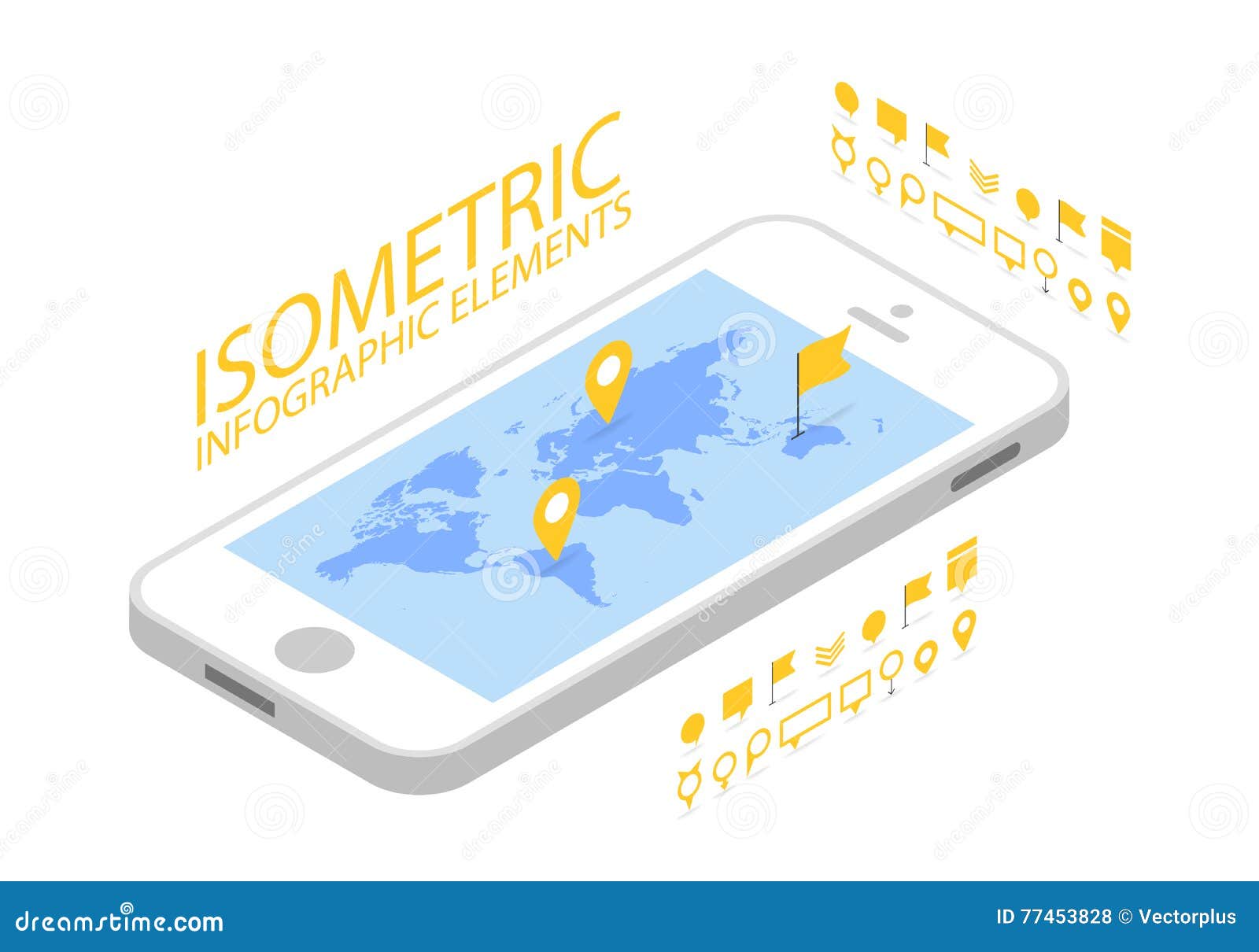 Isometric mobilny GPS nawigaci pojęcie, Smartphone z światowej mapy zastosowaniem i markiera wałkowym pointerem, wektor