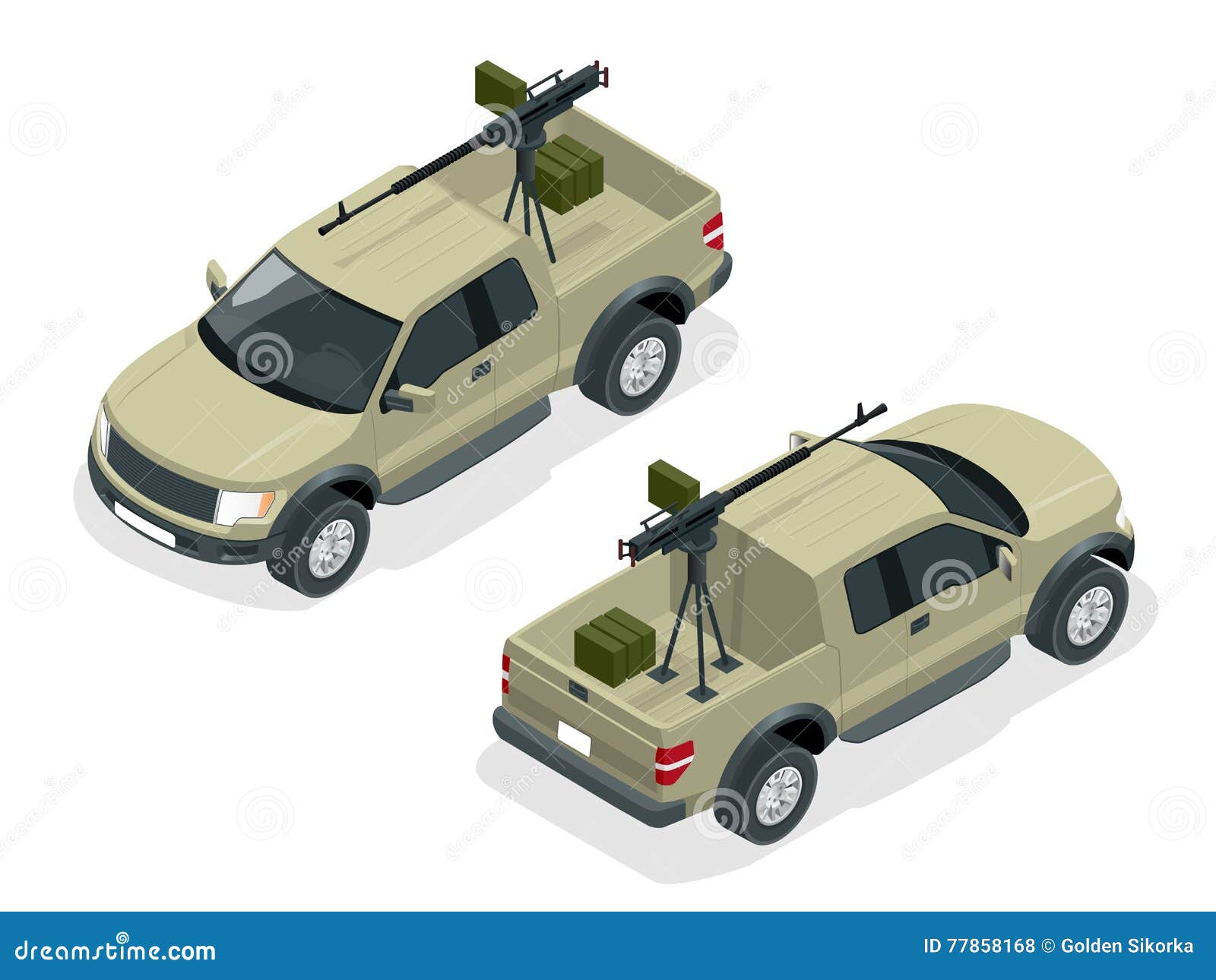 isometric model of pickup truck armed with machine gun. spec ops police officers swat in black uniform. soldier, officer