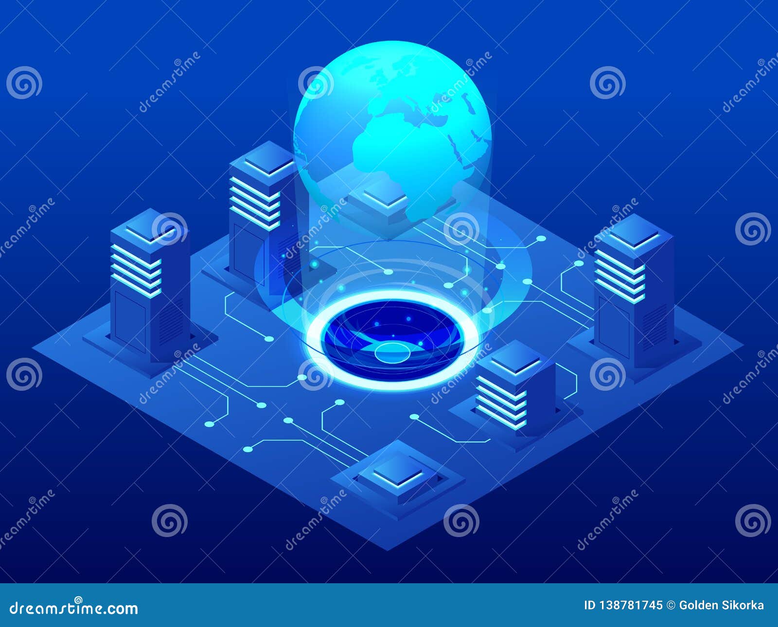 isometric modern server room, cybersecurity infrastructure, big data storage and cloud computing technology concept.