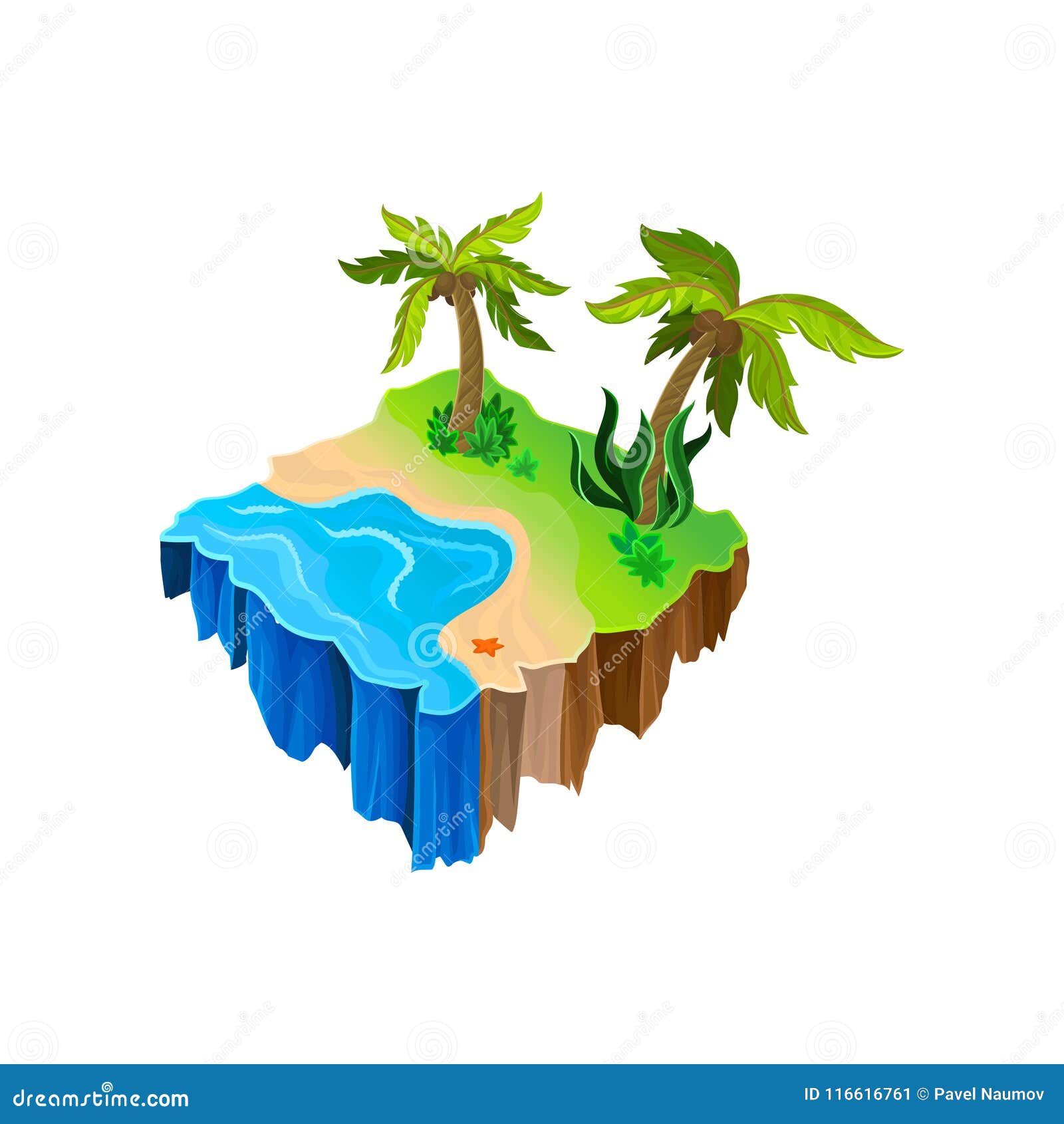 Isometric Nature Landscape with Water, Sandy Shore, Palm Trees and ...