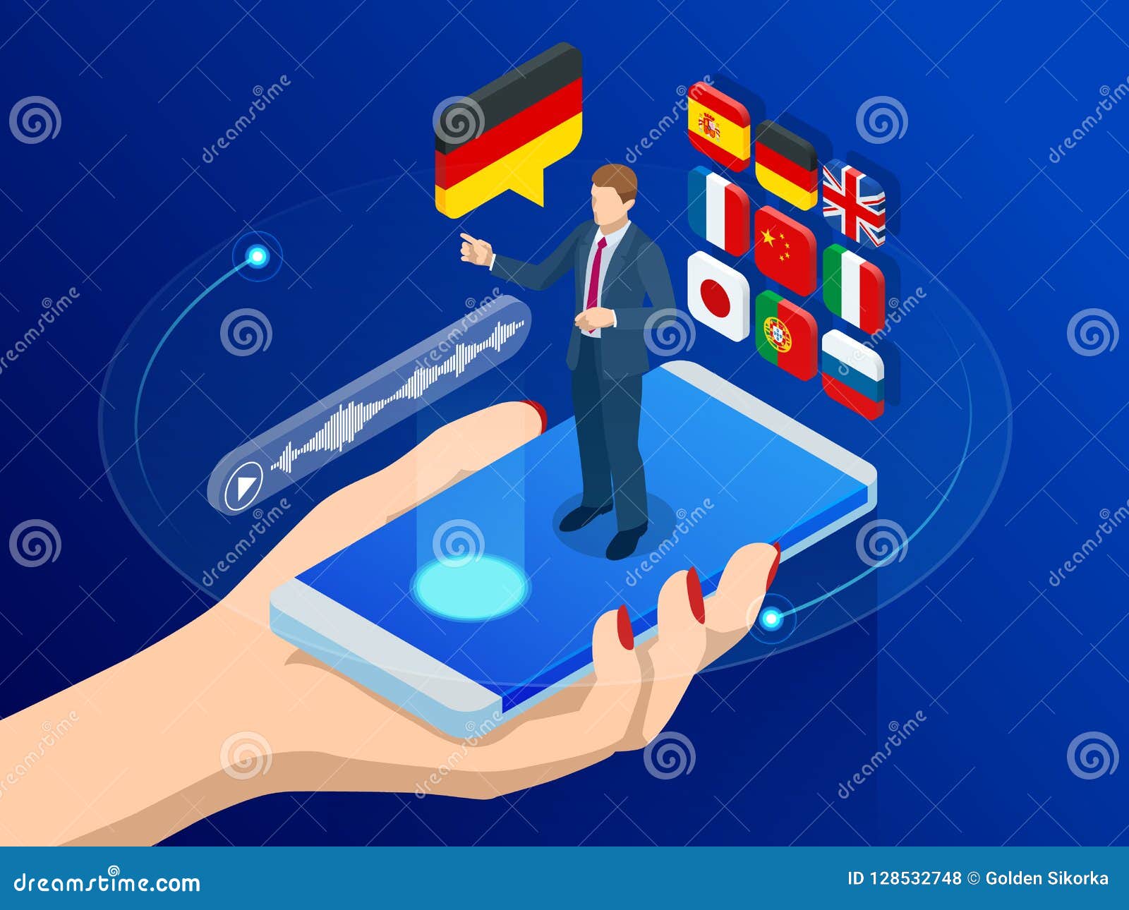 isometric online voice translator and learning languages concept. e-learning, translate languages or audio guide