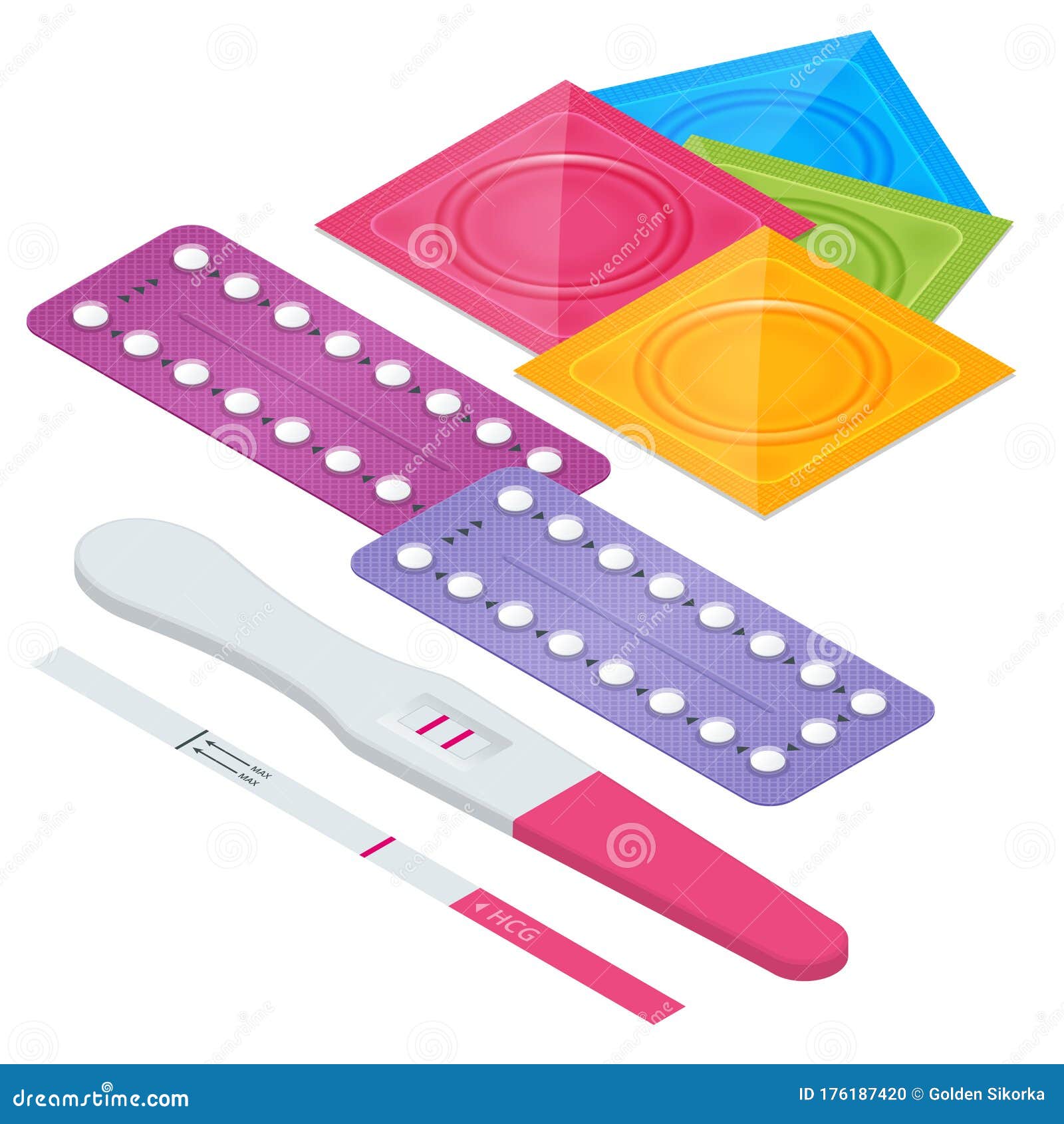 Isometric Oral Contraceptive Pill Condoms And Pregnancy Test Safe Sex 