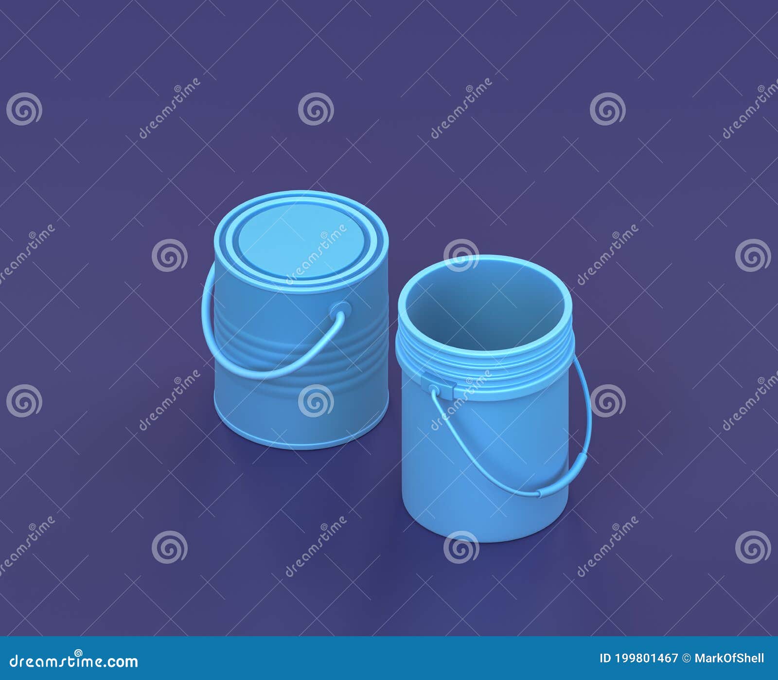 Isometric Paint and Cleaning Buckets on Blue Background, Single Color