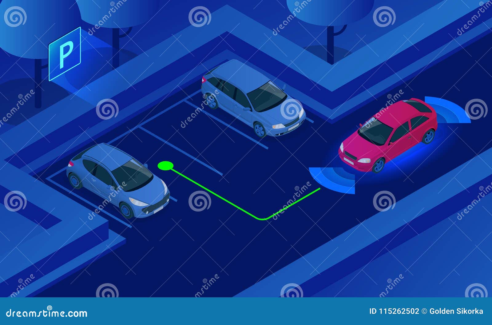 isometric parking assist system  . car technology with sensors . sensors scanning free space to park
