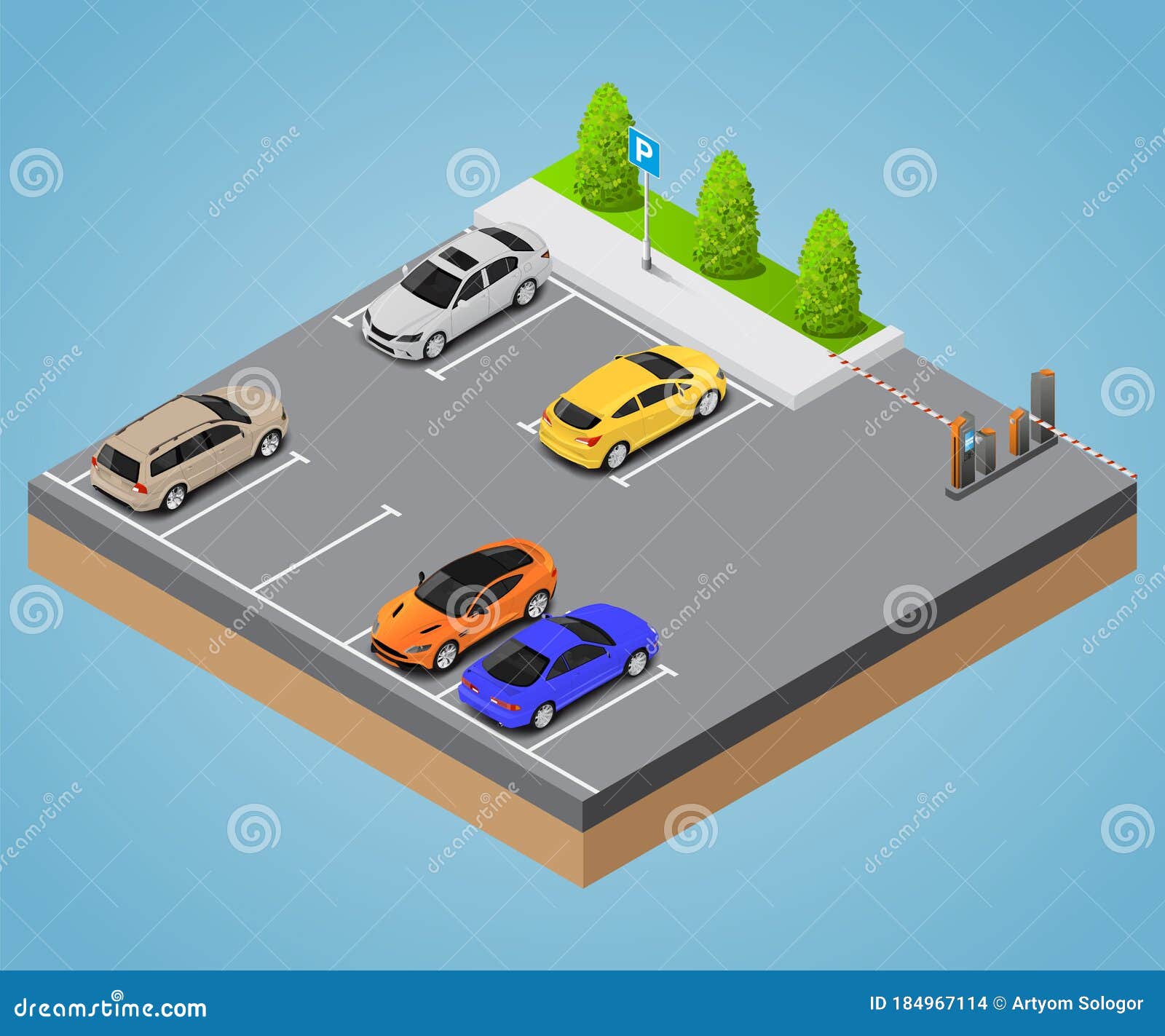 Isometric Parking Ticket and Paying for the Parking Lot. Parking Gates