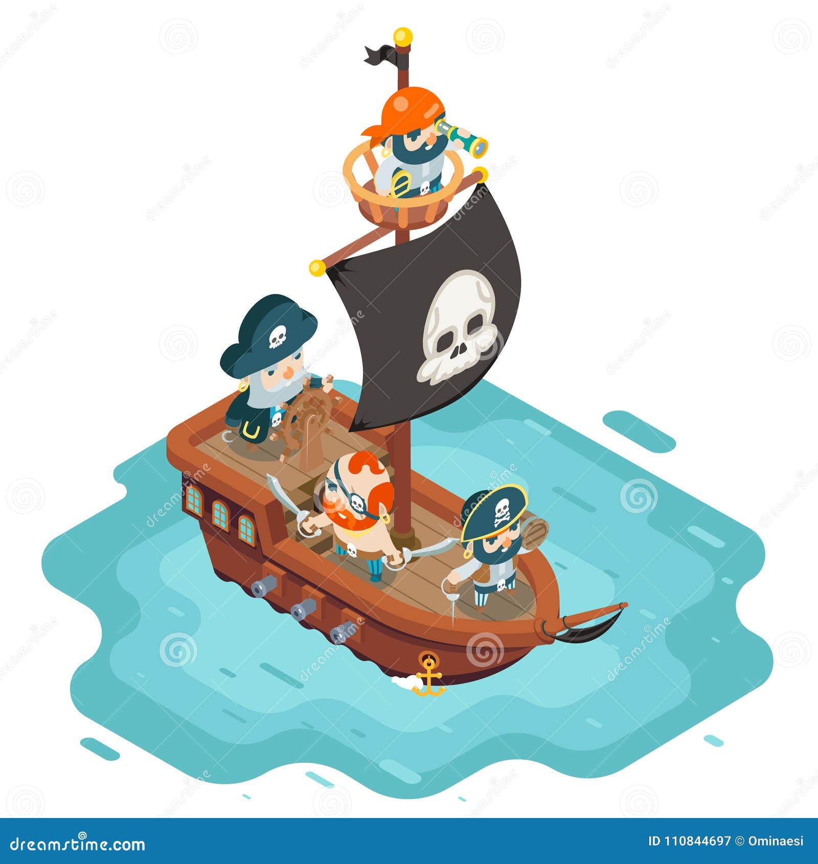 isometric pirate ship crew buccaneer filibuster corsair sea dog sailors captain fantasy rpg treasure game character flat