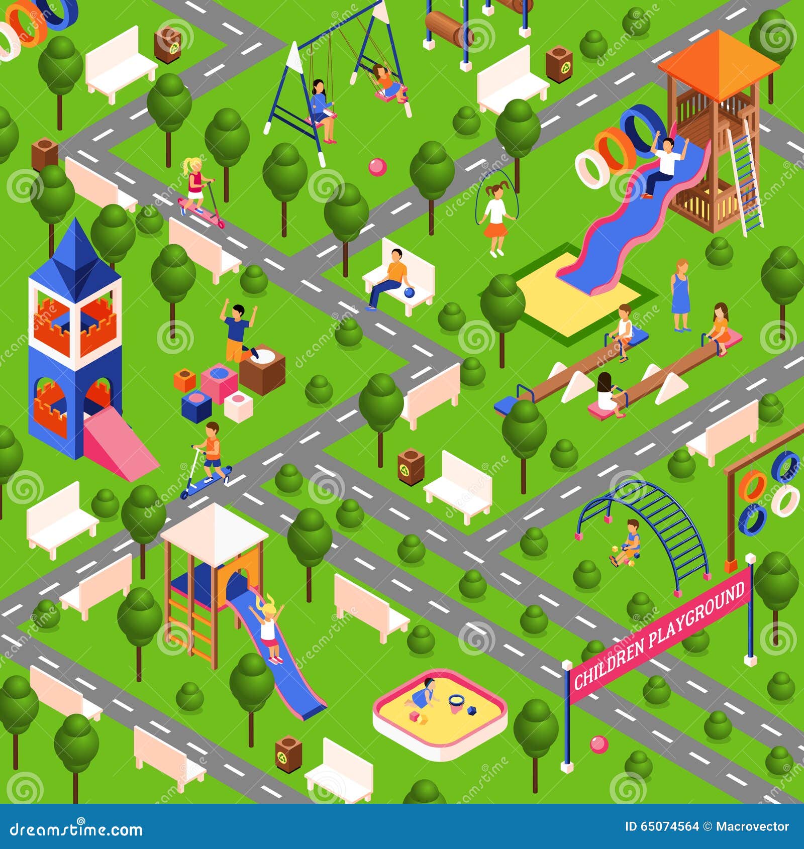 Children playing with parents on kids playground with game equipment.  Isometric cartoon vector illustration with 3d little people. Playground  isometry with swing and slide Stock Vector Image & Art - Alamy