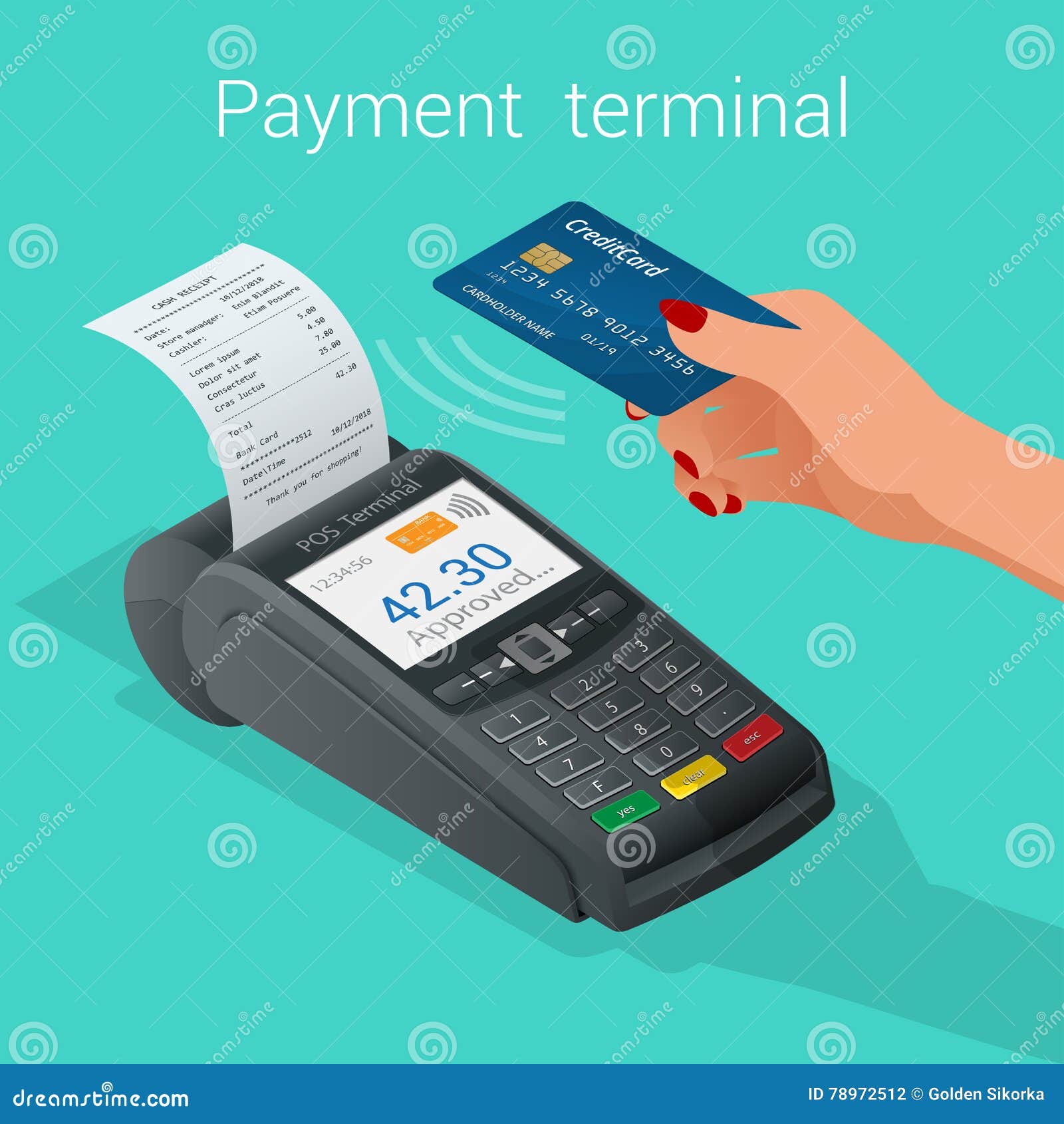 isometric pos terminal confirms the payment by debit credit card